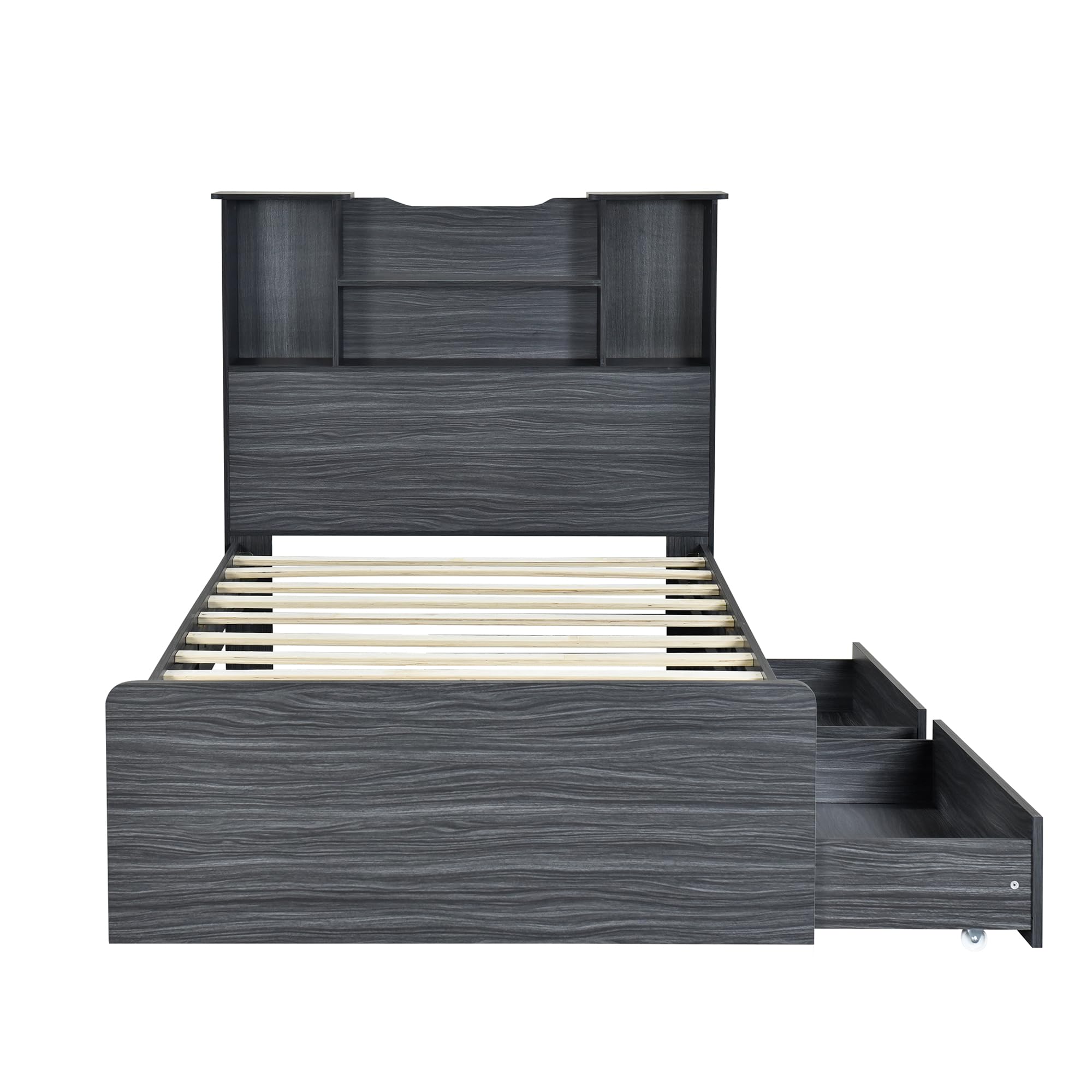 P PURLOVE Twin Size LED Light Bed Frame with Storage Headboard & Drawer - Solid Wood Platform Bed with Slats for Kids, Teens & Adults in Gray - Perfect for Small Bedrooms, Dorm Rooms & Guest Rooms