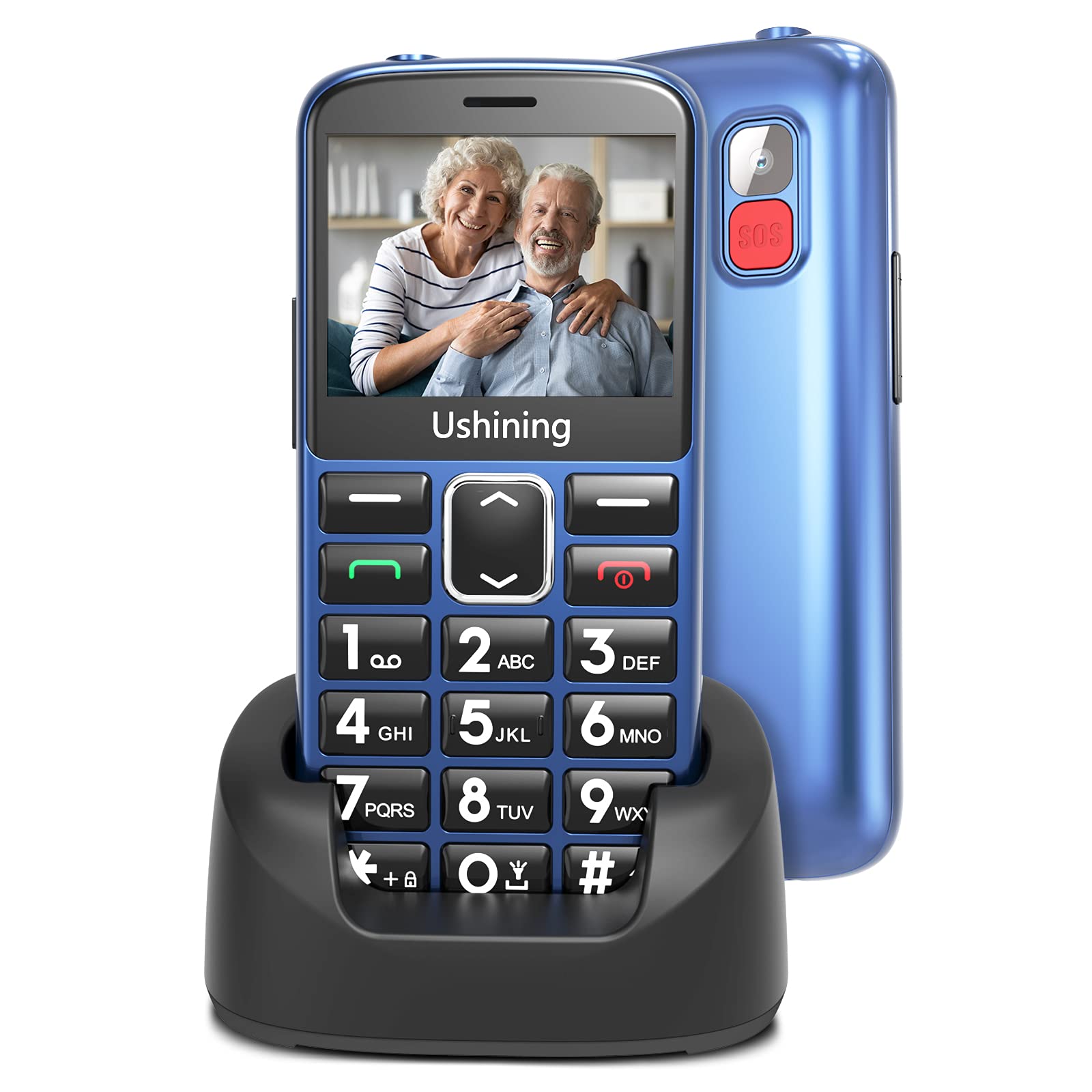 USHINING GSM Unlocked Senior Cell Phone with Large 2.4 Inch Screen, Big Buttons & SOS Emergency Button - Easy to Use Mobile Phone for Elderly (Blue) - Perfect for Home, Travel & Emergency Situations