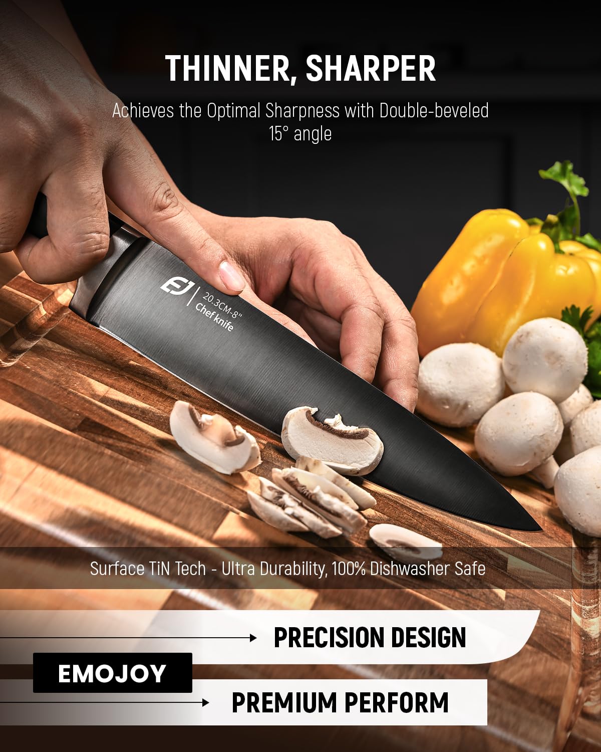 Emojoy 17-Piece Premium Kitchen Knife Set with Acacia Wood Block - Titanium Stainless Steel Knives with Built-in Sharpener, Rust Proof Cutlery Set for Professional Chefs & Home Cooking | Perfect for Meat Cutting, Vegetable Chopping & Food Prep