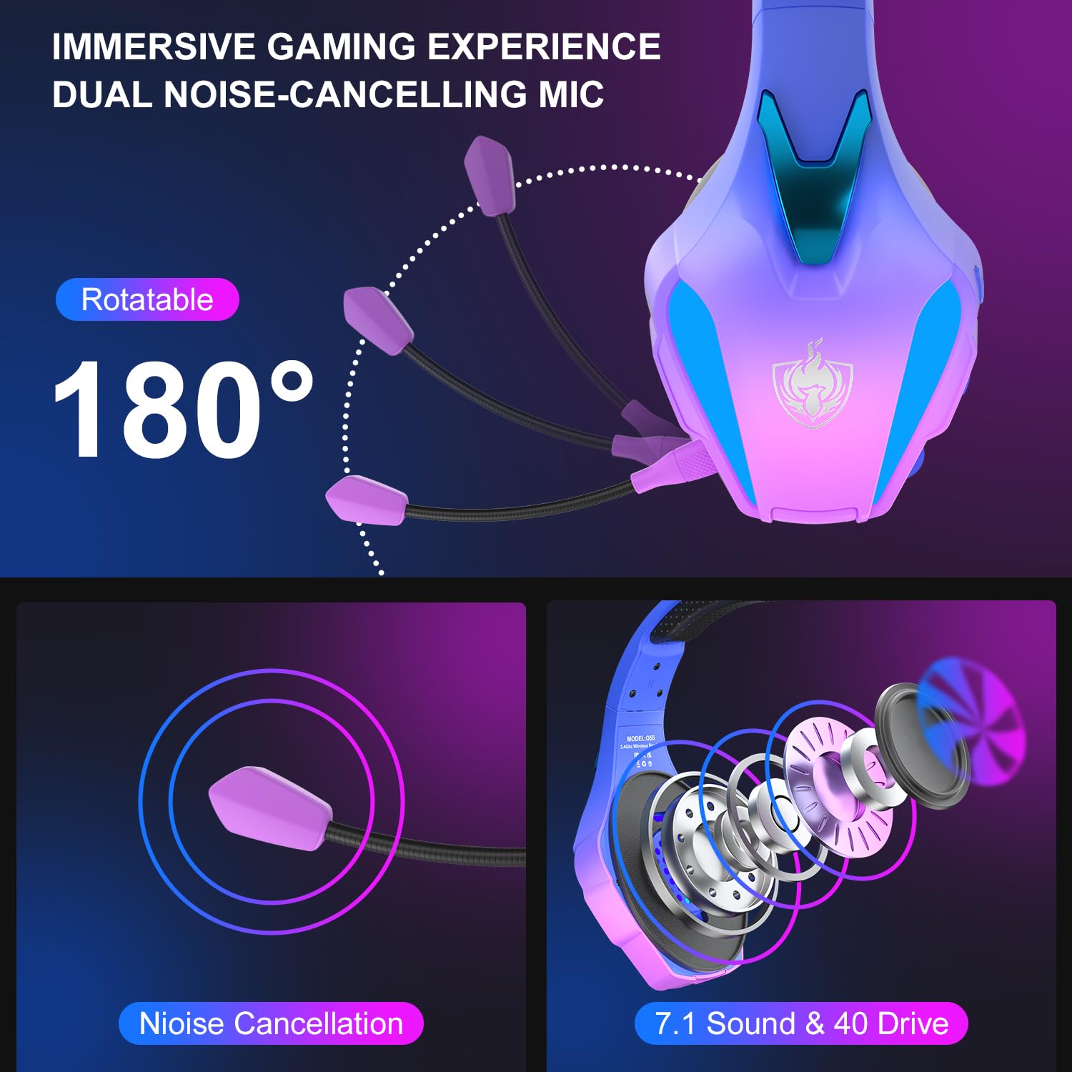 PHOINIKAS Wireless Gaming Headset for PS4/PS5/PC/Switch - 2.4GHz Wireless with USB Dongle, 7.1 Stereo Sound, Detachable Noise-Canceling Mic & LED Lights - Perfect for Gaming, Streaming & Online Meetings