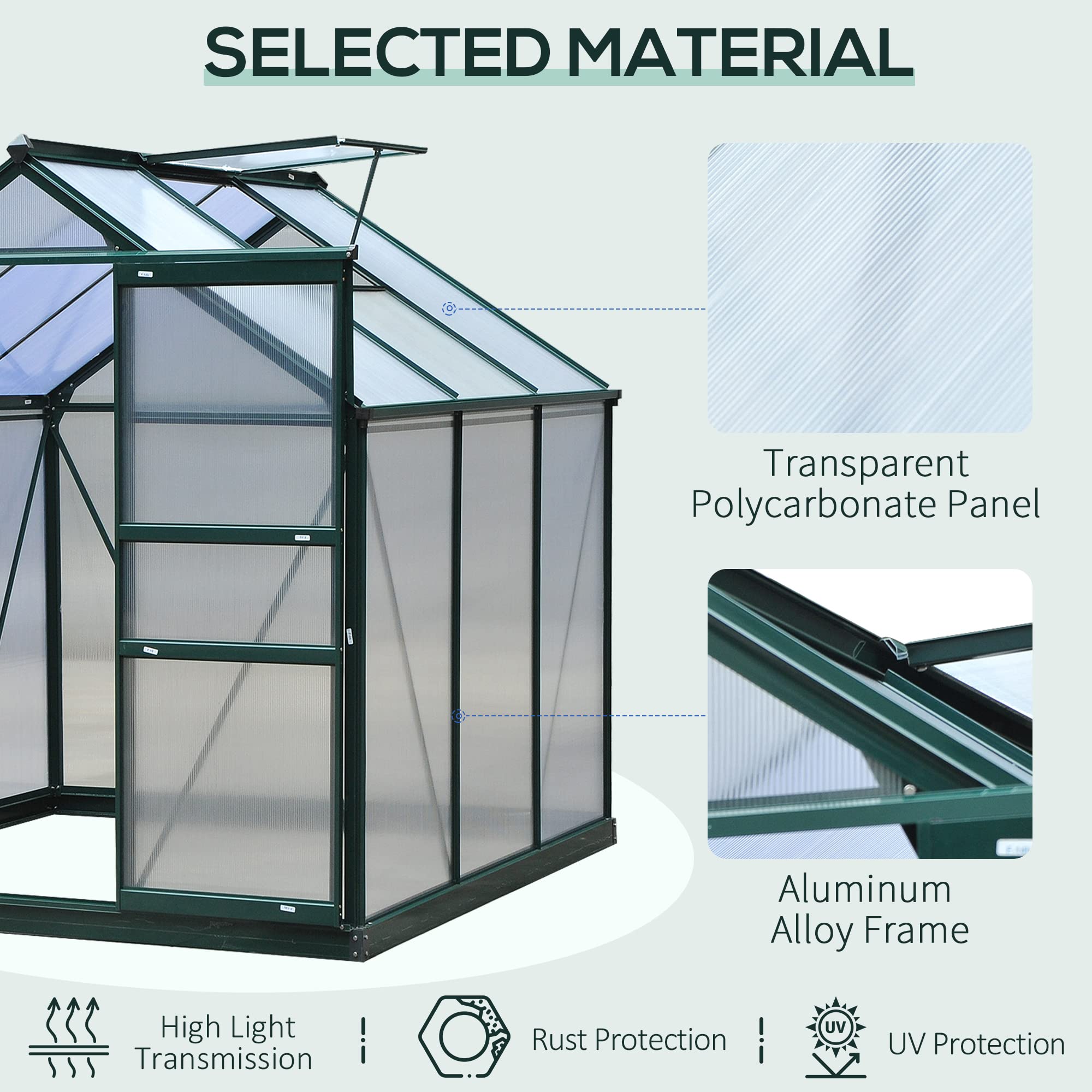 Outsunny 6x6 ft Polycarbonate Walk-in Greenhouse for Outdoor Gardening - Aluminum Frame with Rain Gutter & Roof Vent - Perfect for Backyard, Patio & Plant Protection (Dark Green) | Grow Vegetables, Flowers & Herbs Year-Round