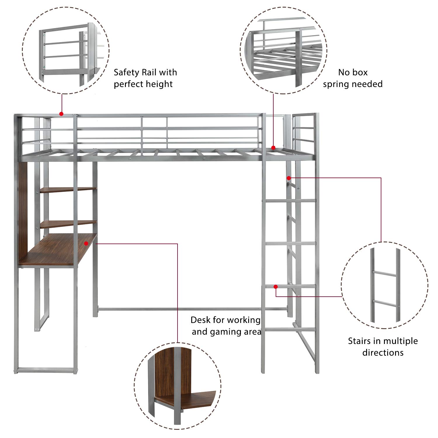 Twin Size Metal Loft Bed with Ladder & Built-in Desk - Sturdy Guardrail, Space Saving Design for Small Rooms - No Box Spring Required (Silver) | Perfect for Kids, Teens & College Dorm Rooms