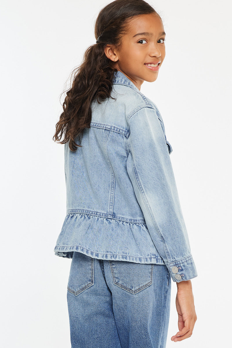 Penny Kids Peplum Denim Jacket for Girls - Stylish & Comfortable Denim Jacket with Ruffle Hem - Perfect for School, Playdates & Outdoor Activities