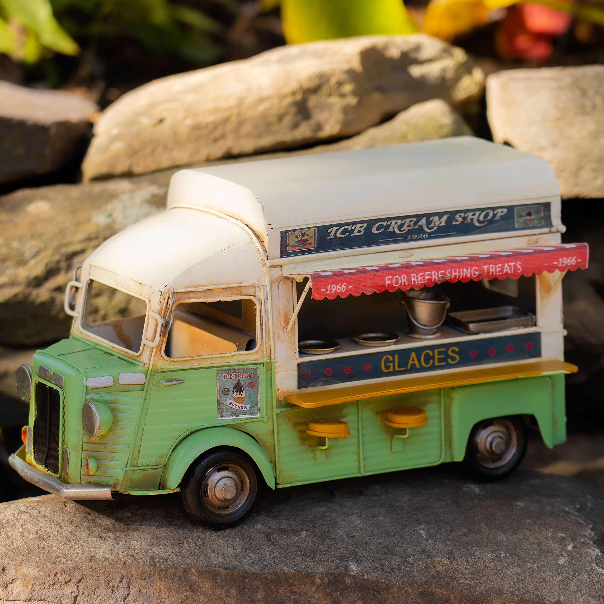 Zaer Ltd. Green Ice Cream Truck - Vintage Style Decorative Miniature for Coffee & Dessert Shop Display, Home Decor, and Party Centerpiece
