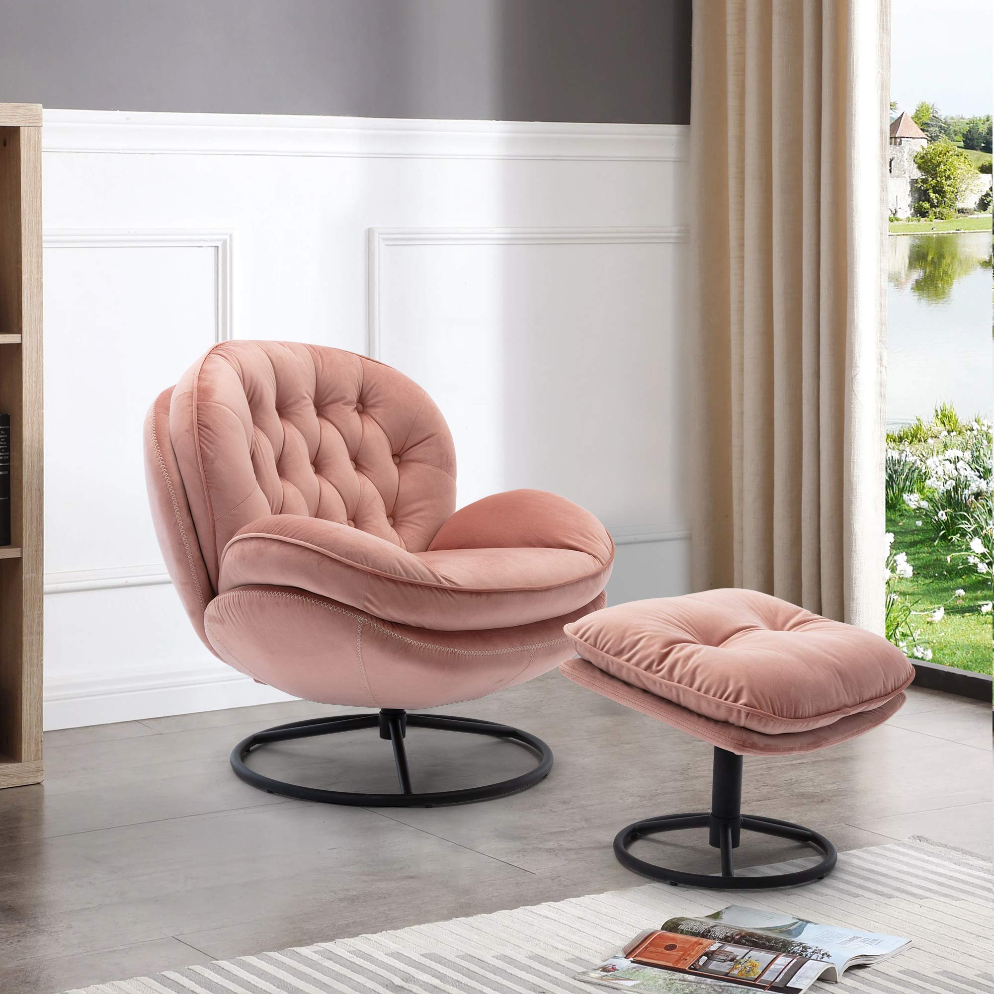 Velvet Swivel Accent Chair with Ottoman - Pink Cozy Lounge Chair for Living Room, Bedroom & Reading Nook - Modern Upholstered TV Chair & Lazy Sofa for Relaxing, Lounging or Chasing Comfort