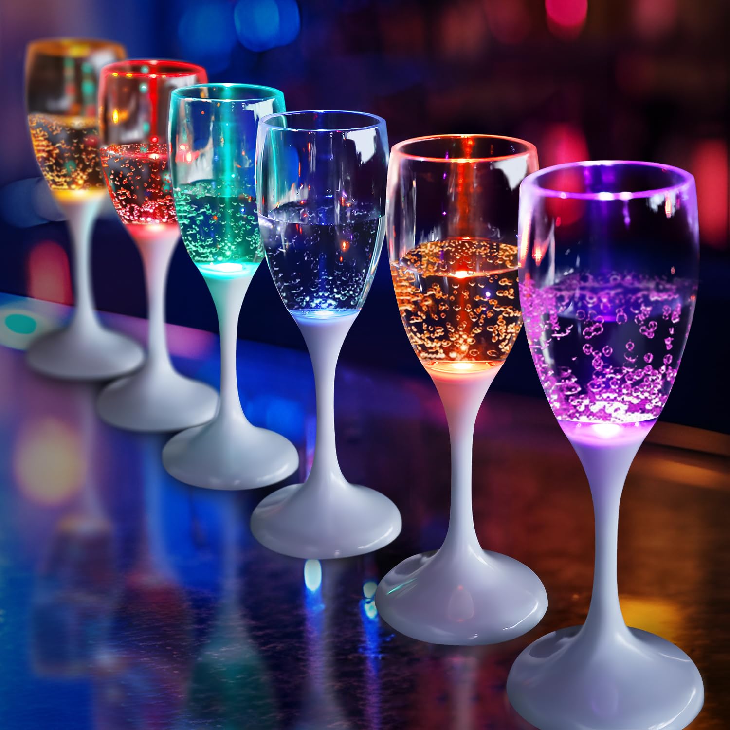 Glow in the Dark LED Light Up Plastic Champagne Flutes - Set of 6 Colorful Party Drinking Glasses for Adults | Perfect for Birthday Celebrations, Christmas Parties, Halloween Events & Wedding Receptions | Reusable Glowing Cups for Cocktails, Wine & Sparkling Beverages