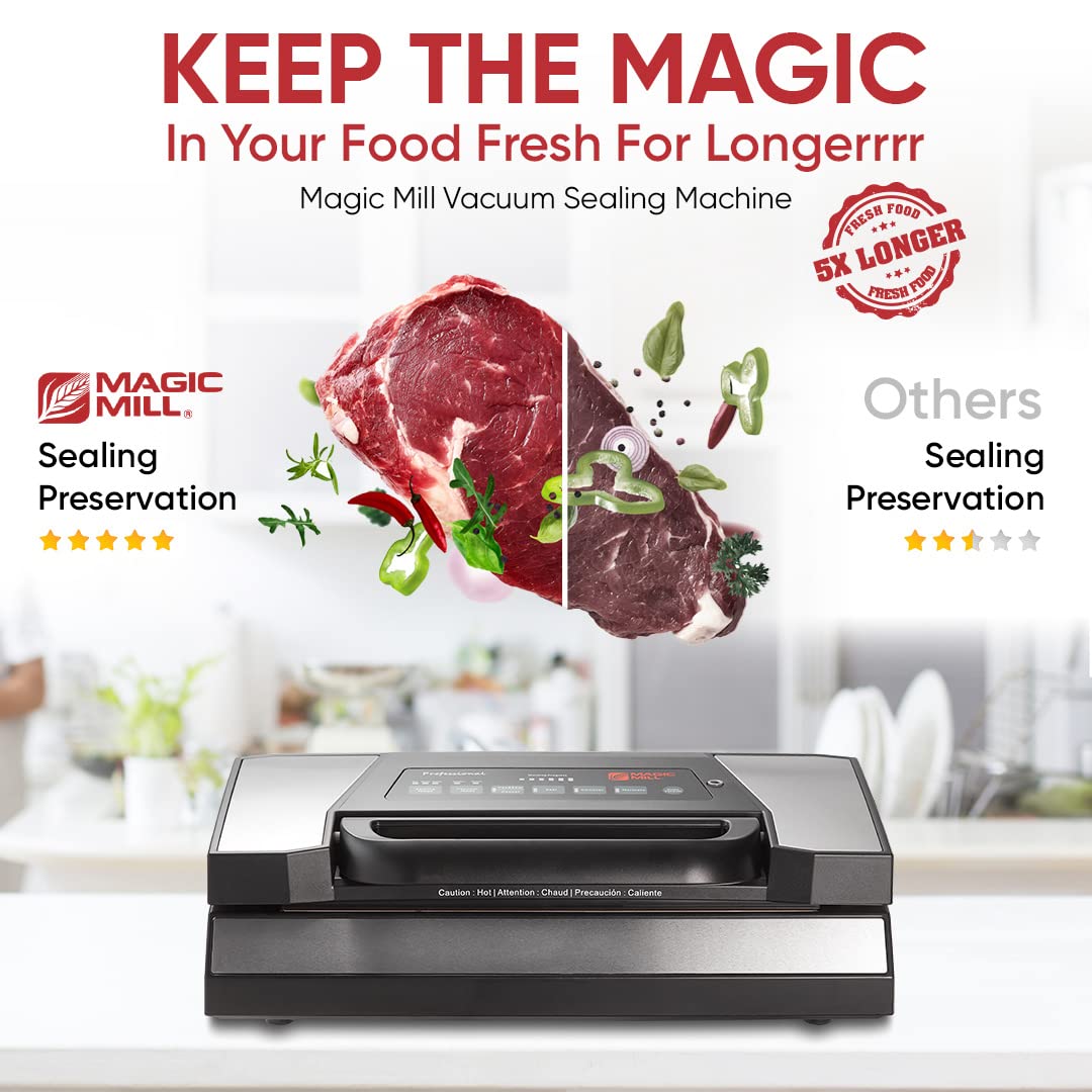 Magic Mill MVS-5181 Professional Vacuum Sealer Machine with Cutter & Jar Attachment | New Patent Handle for Food Bags, Marinate Bowls & Meal Prep Containers | Perfect for Home Kitchen, Meal Prepping & Food Storage