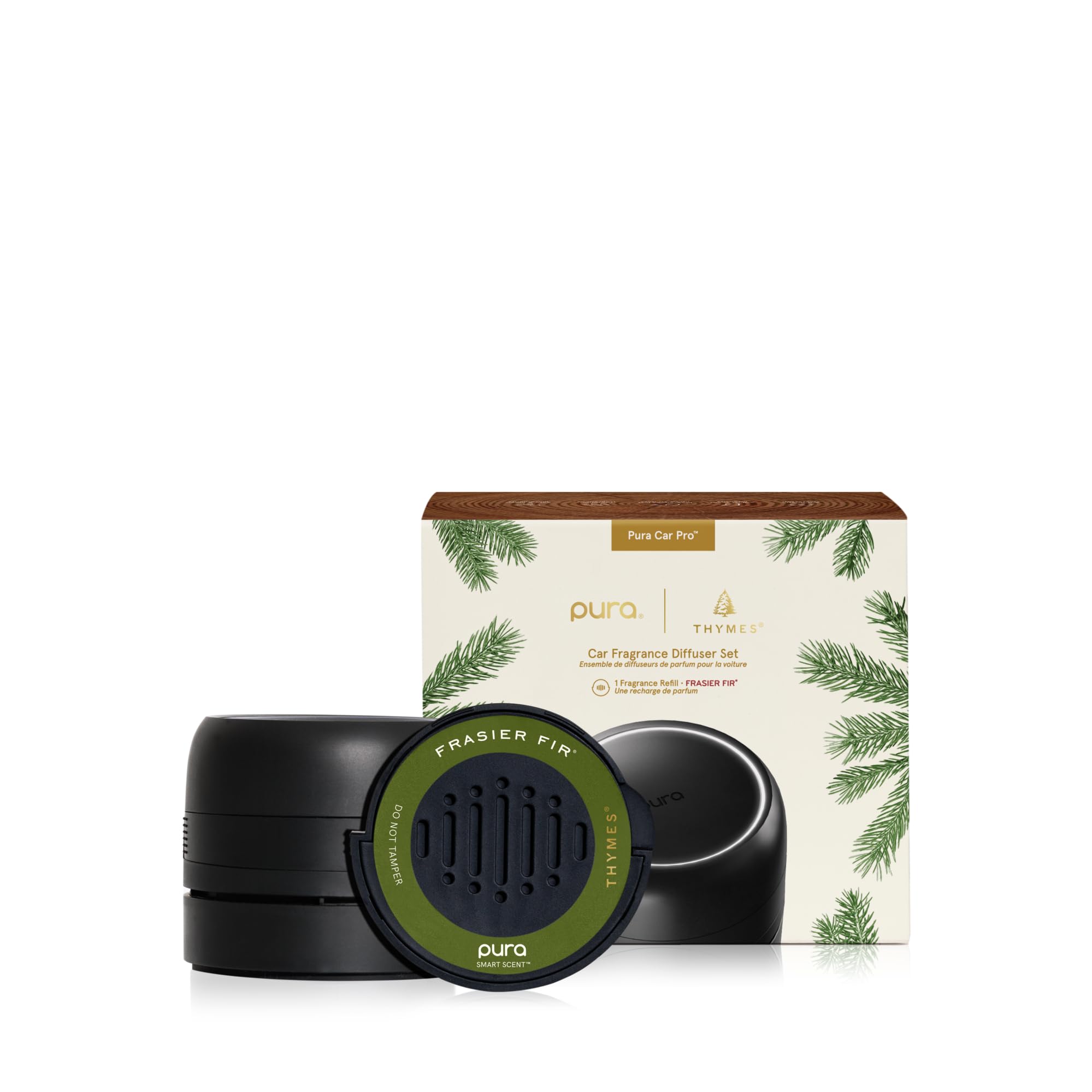 Thymes Frasier Fir Pura Car Pro Diffuser - Premium Car Air Freshener with Refill | Fir Needle, Cedarwood & Sandalwood Scent | Car Accessories for Fresh & Inviting Vehicle Interior | Perfect for Daily Commute, Road Trips & Office Travel