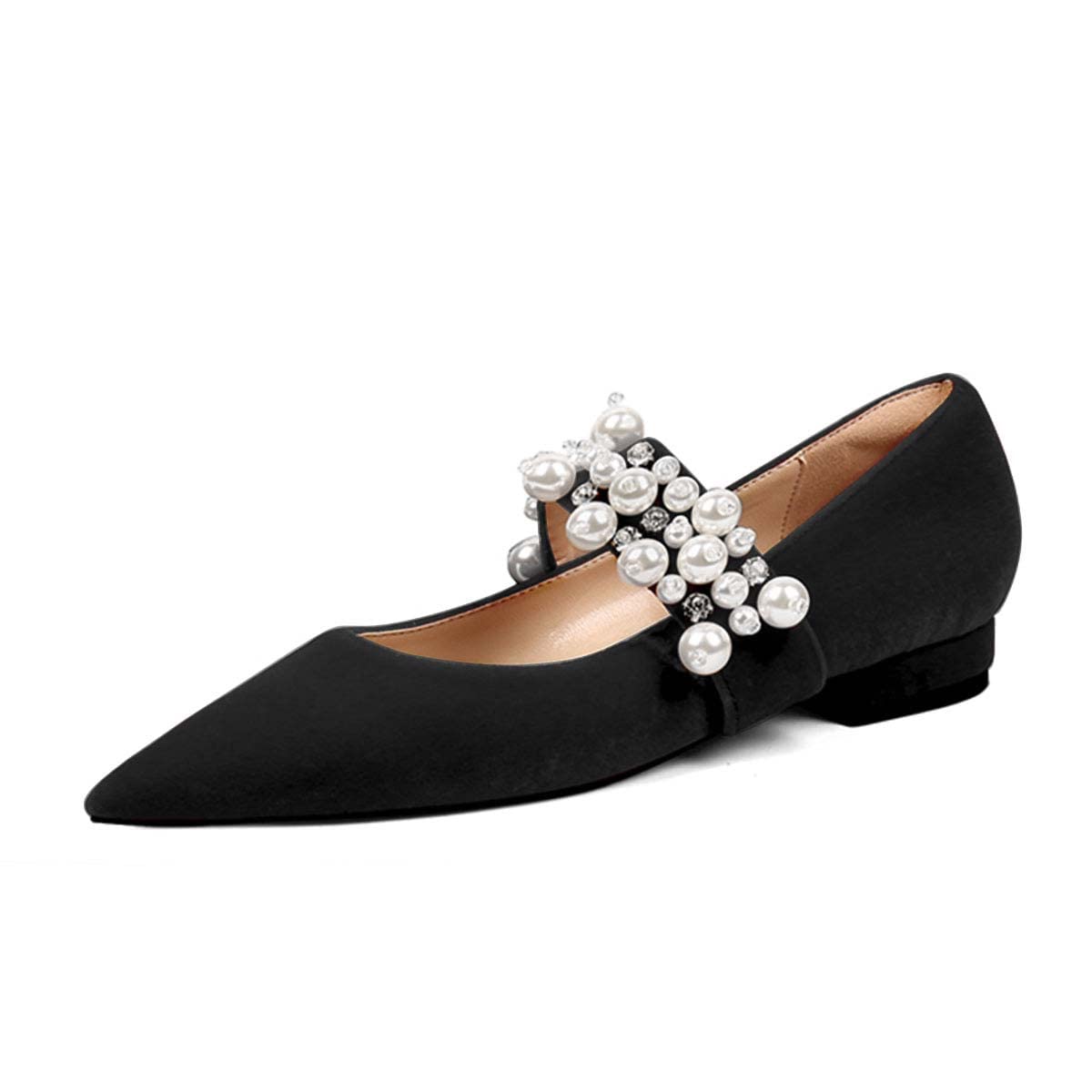 XYD Women's Pointed Toe Velvet Flats with Pearl Strap & Beaded Details - Elegant Mary Jane Shoes for Retro Party, Wedding & Dress Occasions