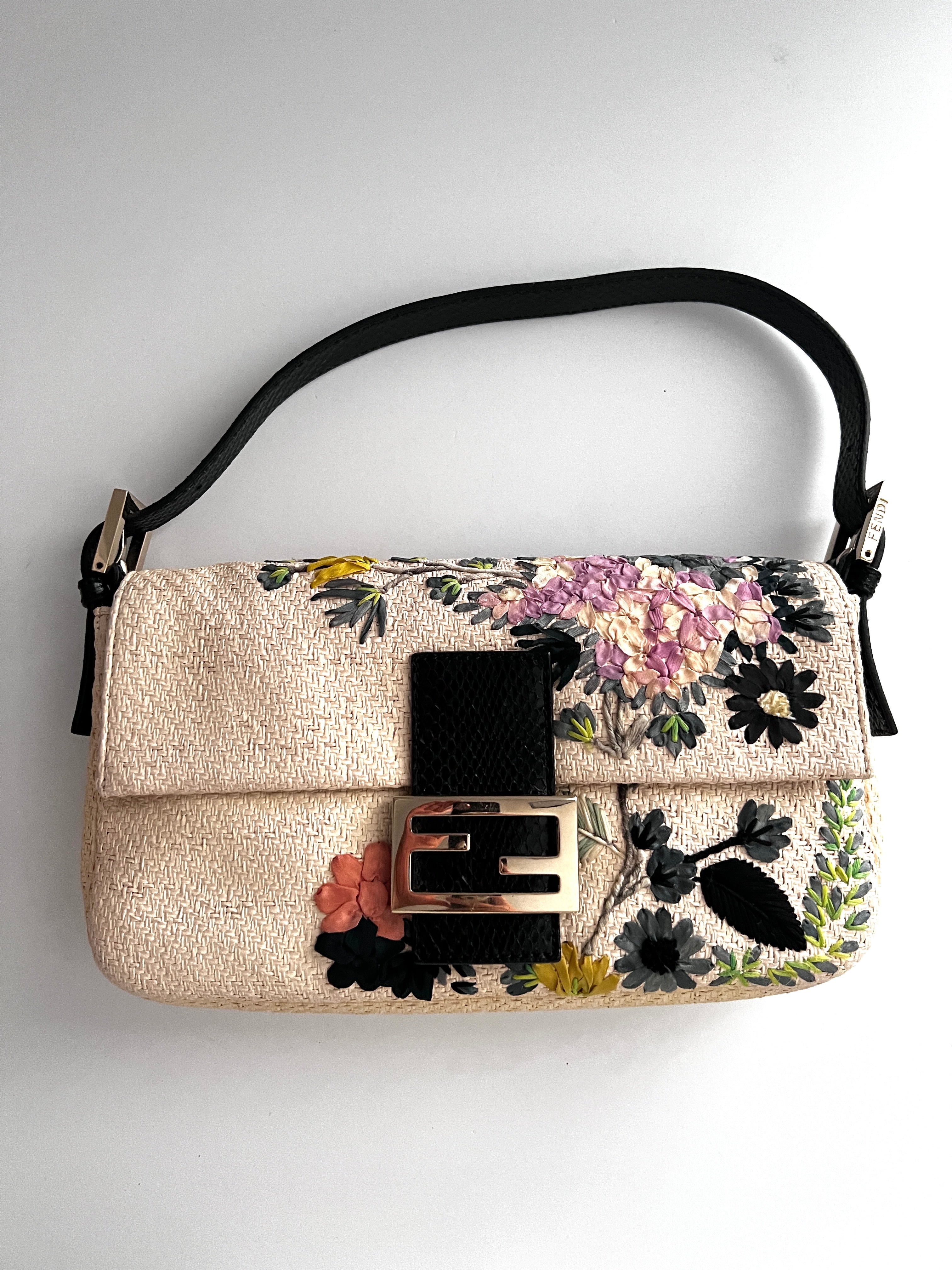 Fendi Raffia Floral Embroidered Baguette Bag - Luxury Designer Handbag for Women, Perfect for Summer Outings & Beach Vacations