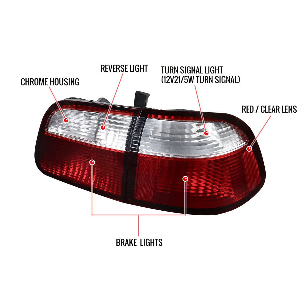 Spec D Tuning Taillights for 1999-2000 Honda Civic Sedan - Chrome Housing with Red Clear Lens - LED Rear Lights for Enhanced Visibility & Style - Perfect for Night Driving & Car Customization