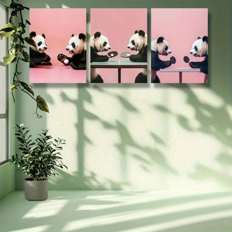 3-Piece Panda Table Tennis Art Metal Print - Ready to Hang Wall Decor for Game Room, Sports Bar & Home Office