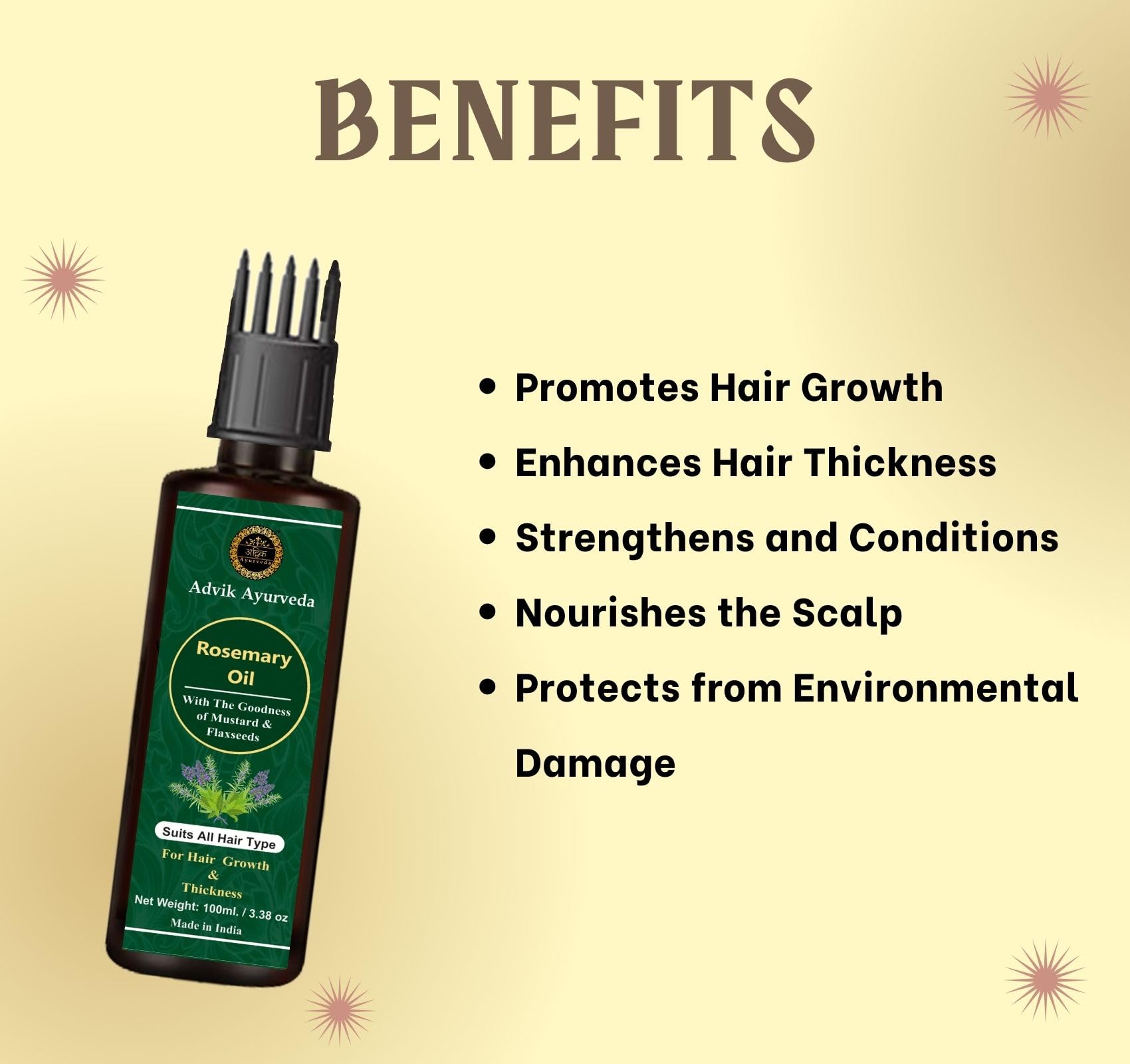 Advik Ayurveda Anti-Dandruff Rosemary Oil for Hair Growth & Thickness, 100ml | Controls Hair Fall & Promotes Healthy Hair | For Men & Women | Perfect for Scalp Treatment & Daily Hair Care Routine