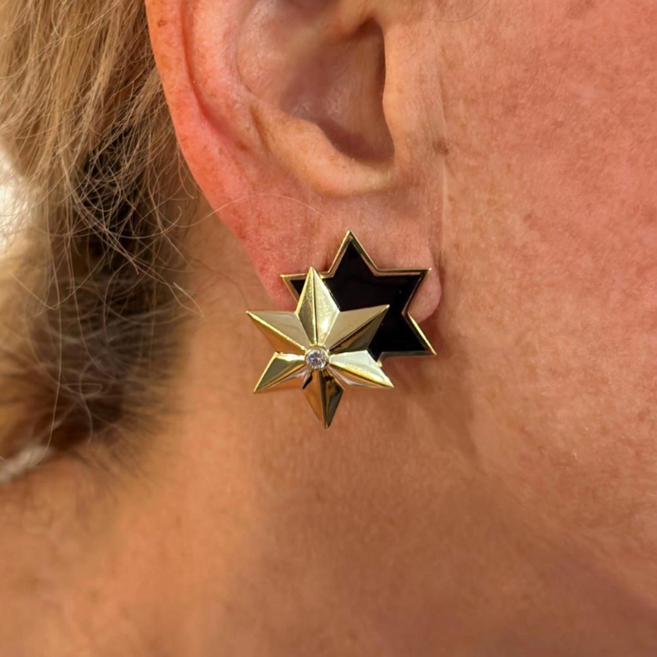 Authentic Verdura 18k Yellow Gold Diamond Black Enamel Double Star Earrings - Luxury Jewelry for Evening Gala & Special Occasions
