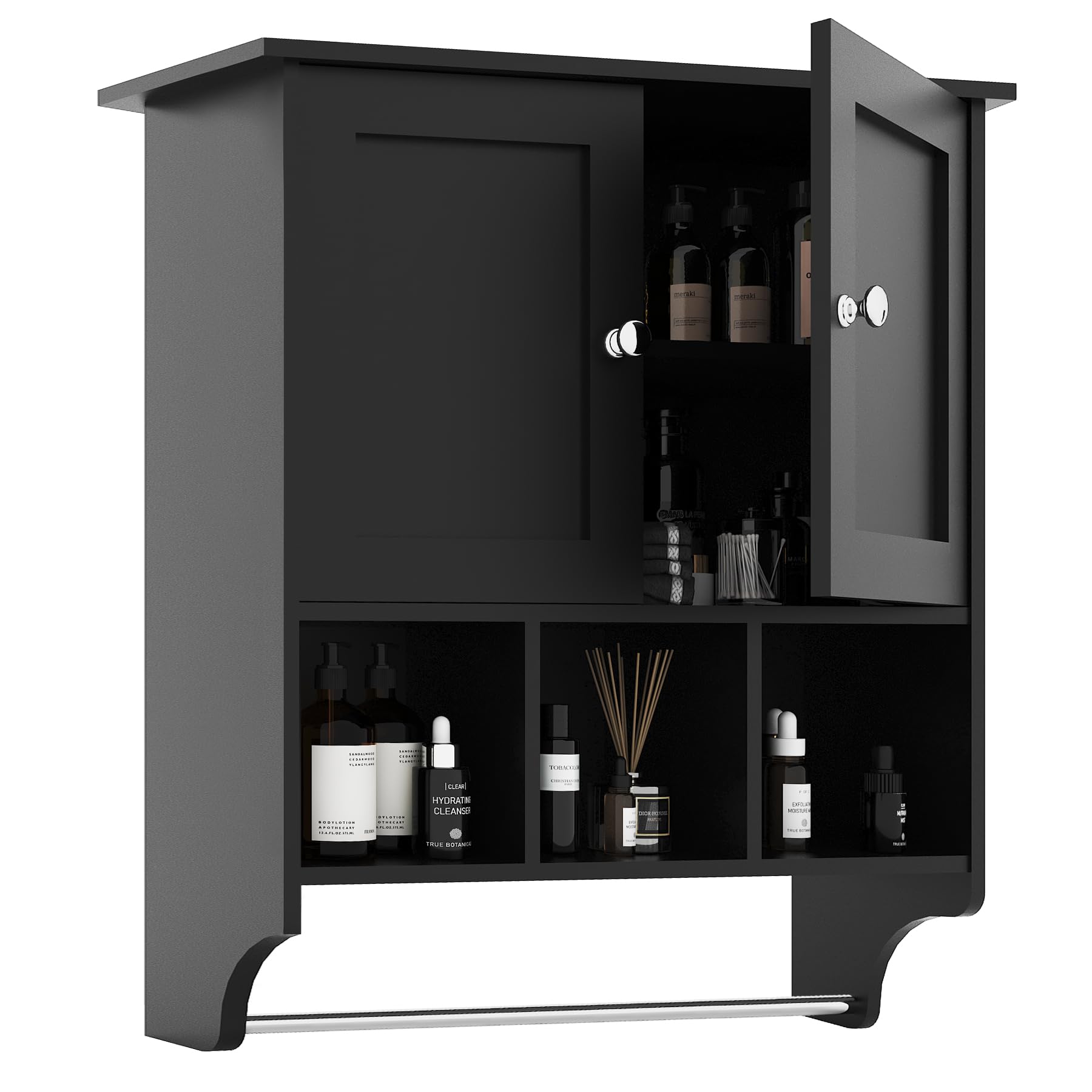 Space Saving Wall Mounted Medicine Cabinet with 2 Doors & Adjustable Shelves - Bathroom Storage Organizer for Towels, Toiletries & Essentials - Perfect for Bathroom, Living Room & Kitchen (Black)