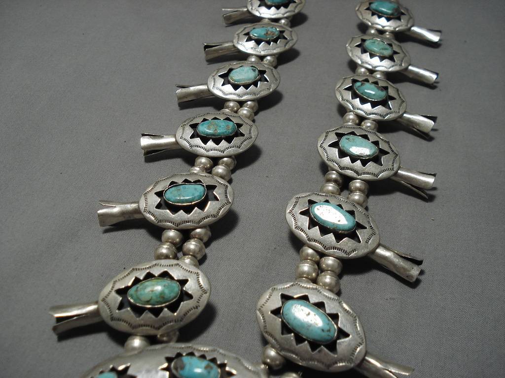 Vintage Navajo Turquoise Sterling Silver Squash Blossom Necklace - 331g Rare Native American Jewelry for Women, Boho Fashion Accessory, Wedding Gift & Special Occasion Wear