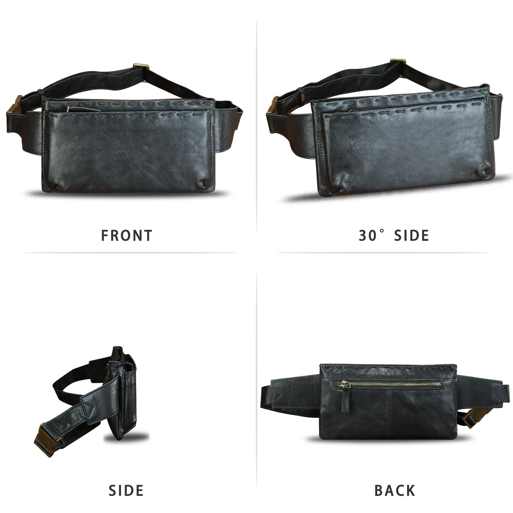 LRTO Genuine Leather Waist Bag for Women & Men - Real Leather Fanny Pack, Sling Bag, Crossbody Bag & Chest Purse - Adjustable Strap, Small Travel Essentials Pouch (Black, LRTO-15006) - Perfect for Gym, Hiking, Running & Everyday Use