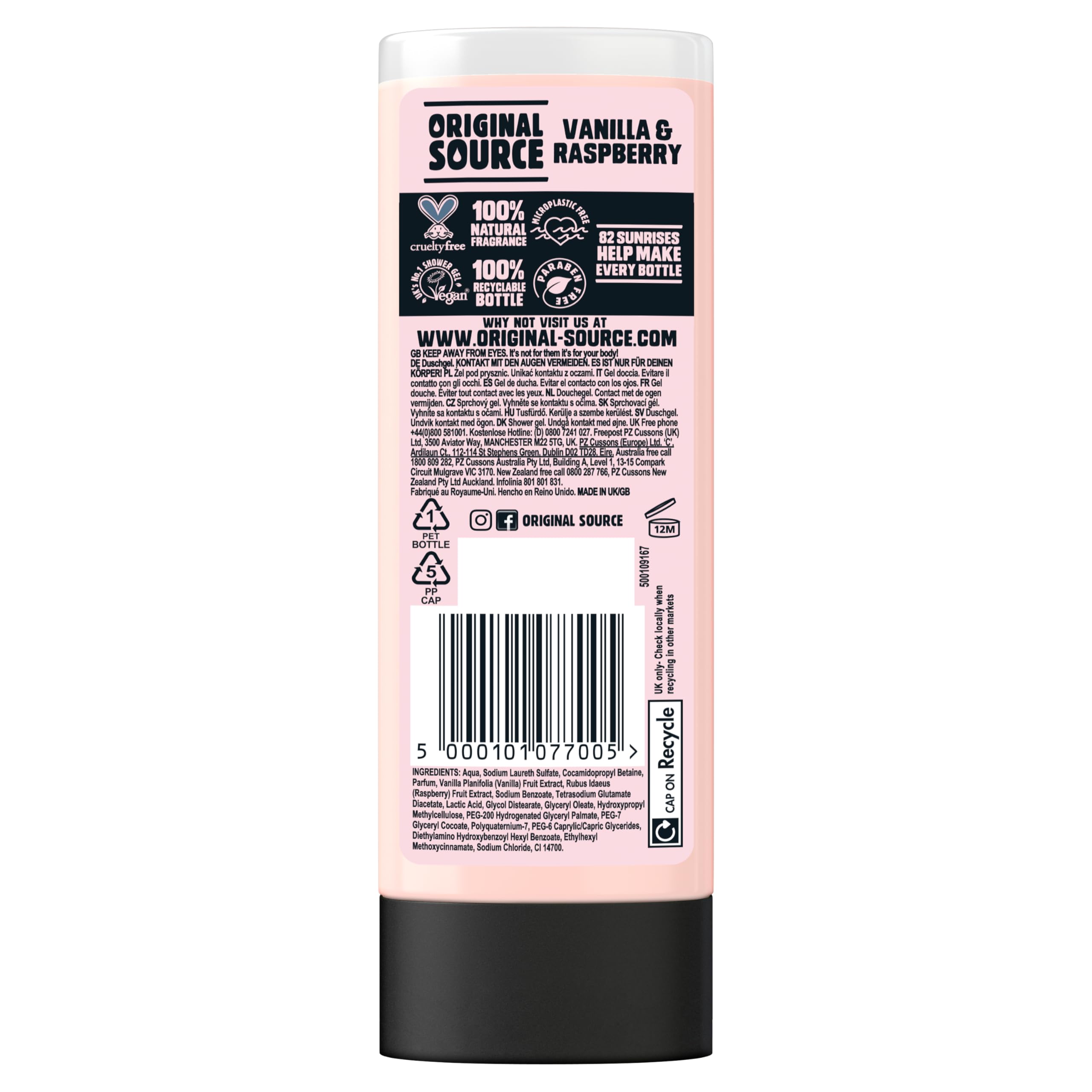 Original Source Vanilla Milk & Raspberry Shower Gel 8.4oz (250ml) - Moisturizing Body Wash for Dry Skin, Vegan & Cruelty-Free - Perfect for Daily Shower & Spa Relaxation