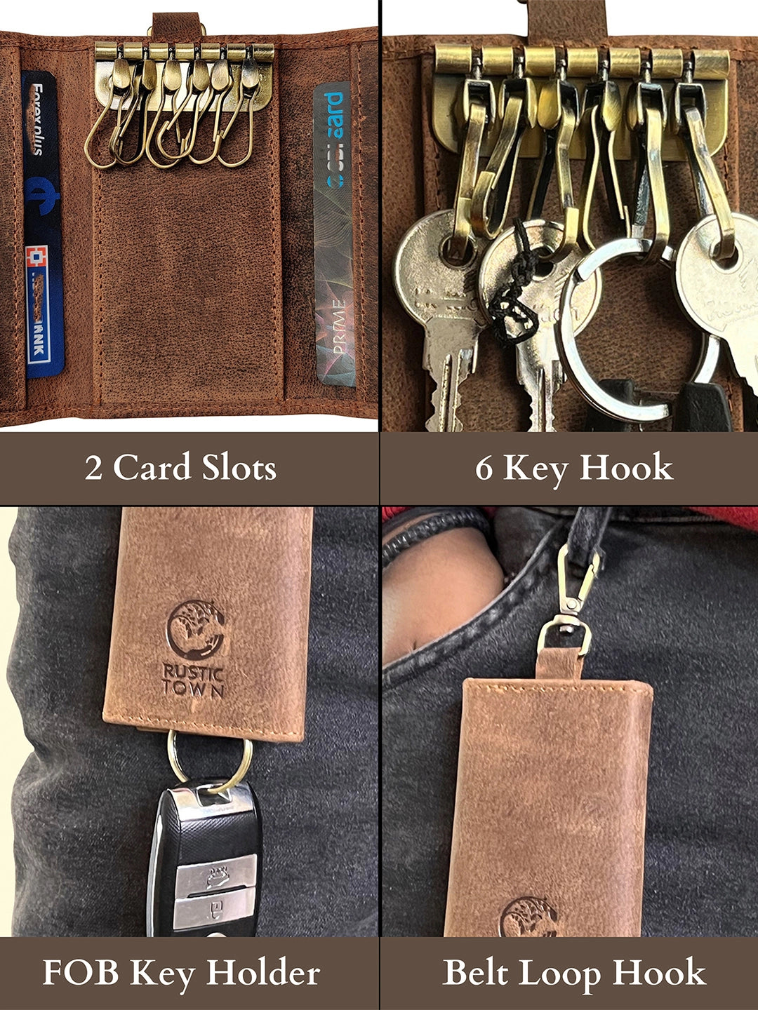 Genuine Leather Key Holder - Smart Fob Car Key Loop with Slim Keychain for Men & Women (Dark Brown) - Perfect for Organizing Keys, Car Fobs & Daily Essentials