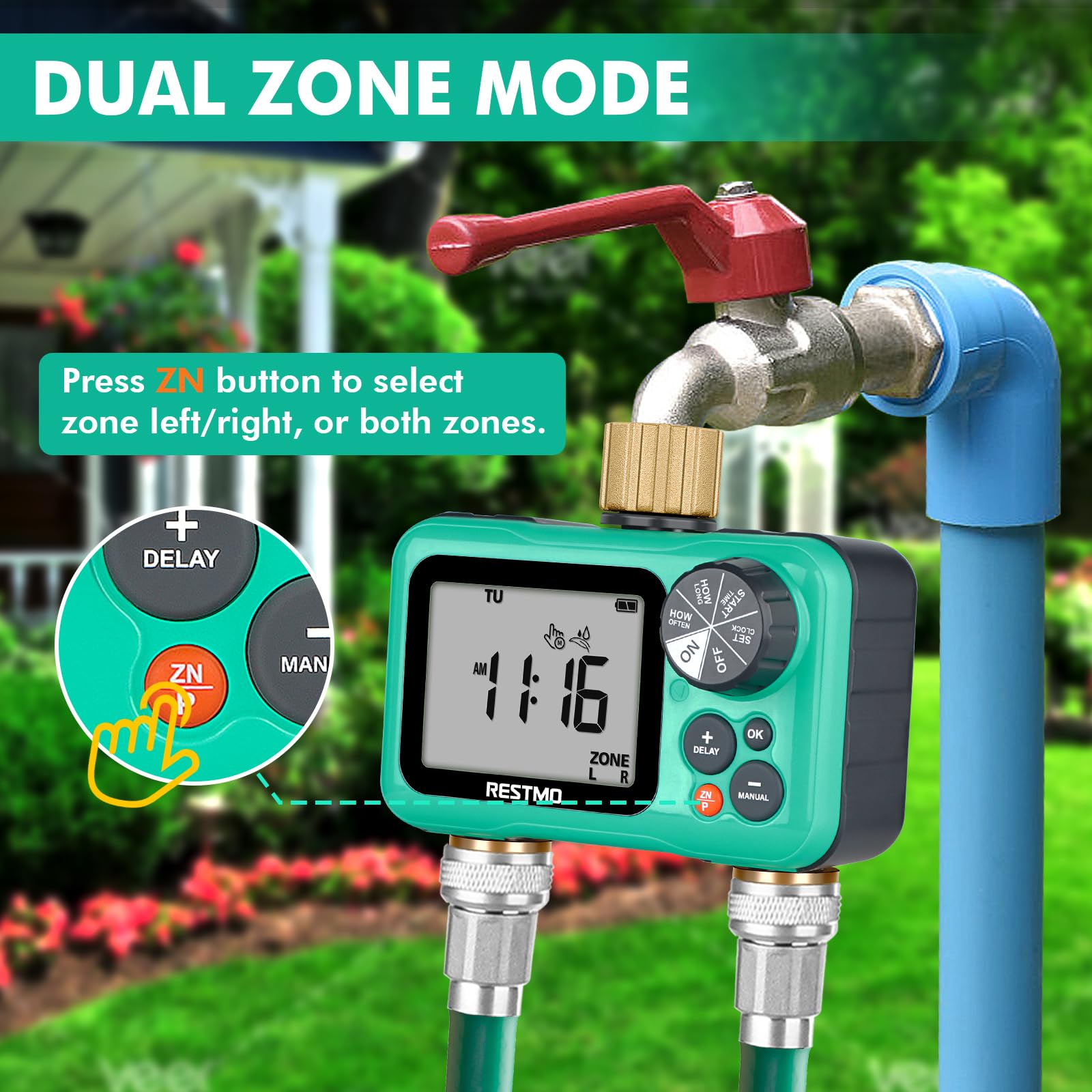 RESTMO Sprinkler Timer with Brass Inlet & Outlet - 2 Zone Programmable Garden Hose Water Timer with 3 Separate Programs | Manual/Rain Delay/Automatic Watering for Drip Irrigation, Lawn & Outdoor Plants | Perfect for Backyard, Garden & Landscape Watering Systems