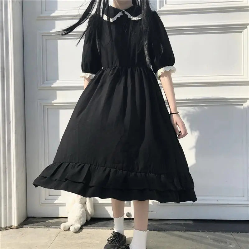 Autumn Black Kawaii Lolita Style Dress - Mori Girl Fairy Cute Lolita Peter Pan Collar Puff Sleeve Dress for Women | Gothic Fashion, Cosplay, Tea Party Outfit