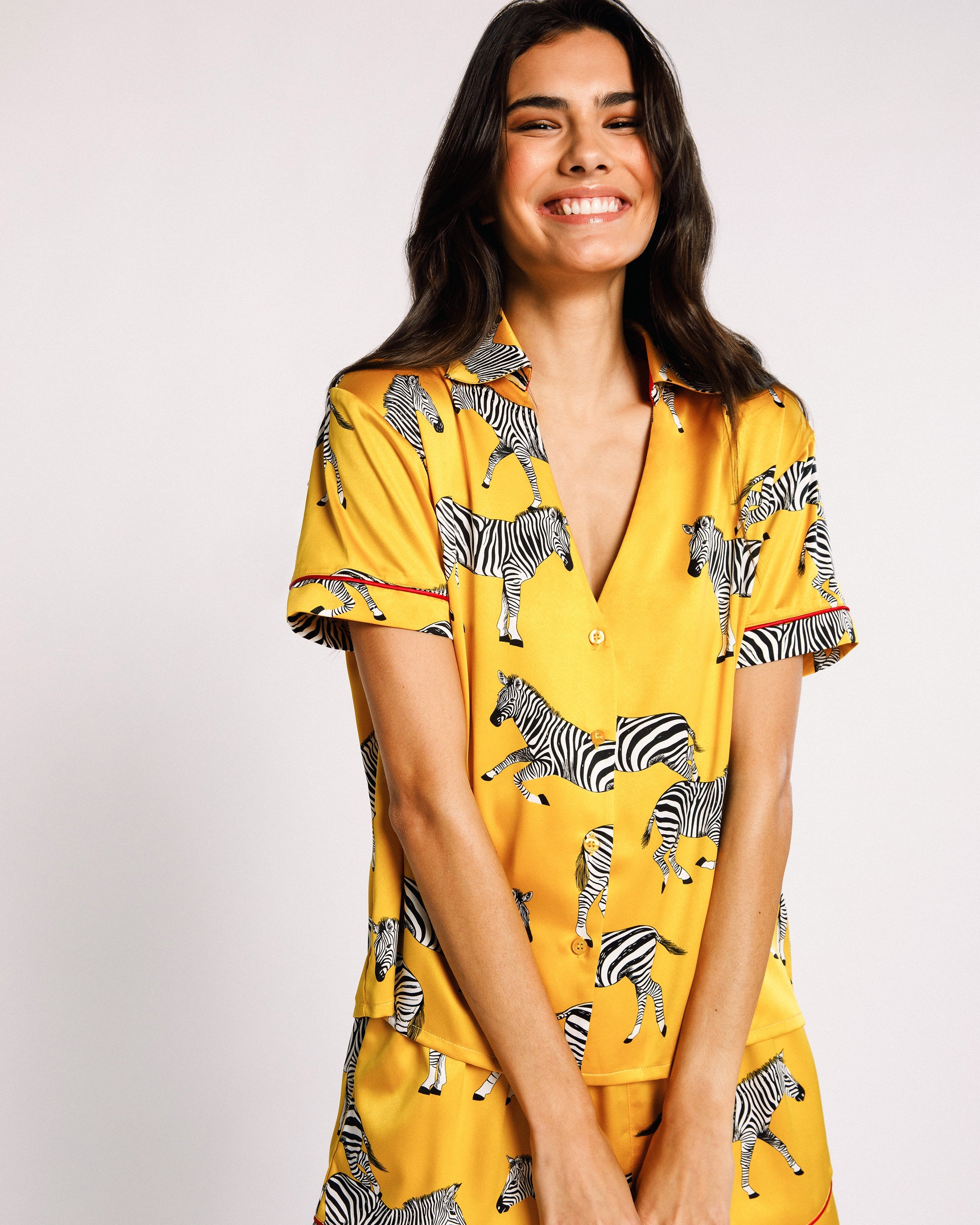 Satin Zebra Print Short Pajama Set for Women - Mustard Yellow - Comfortable Sleepwear for Lounge & Bedtime