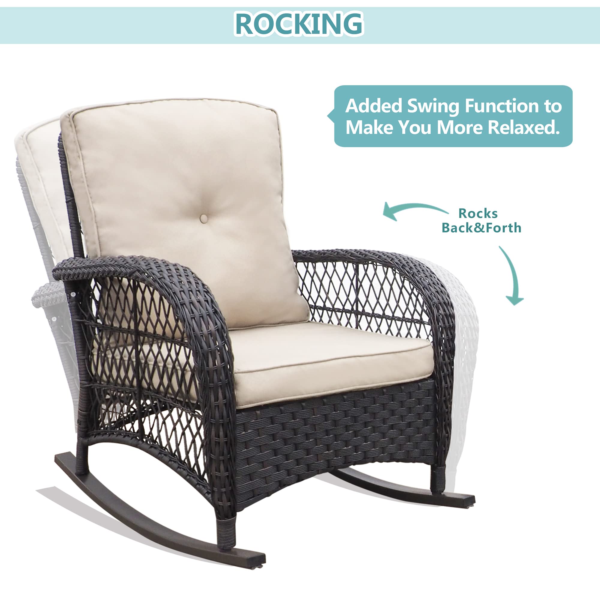 3-Piece Rattan Rocking Chair Set with Khaki Cushions & Coffee Table - All-Weather Resin Wicker Patio Furniture for Backyard, Garden & Living Room | Perfect for Outdoor Relaxation, Porch Sitting & Home Decor