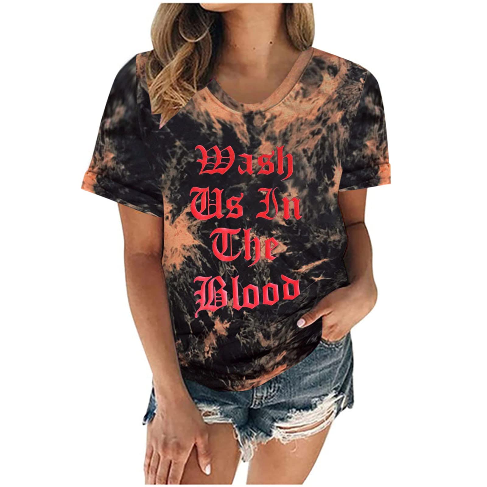 Vintage Tie Dye Women's Short Sleeve T-Shirt - Round Neck Casual Tee with Letter Print - Loose Fit Tunic Top for Summer Outfits, Beach Wear & Festival Fashion