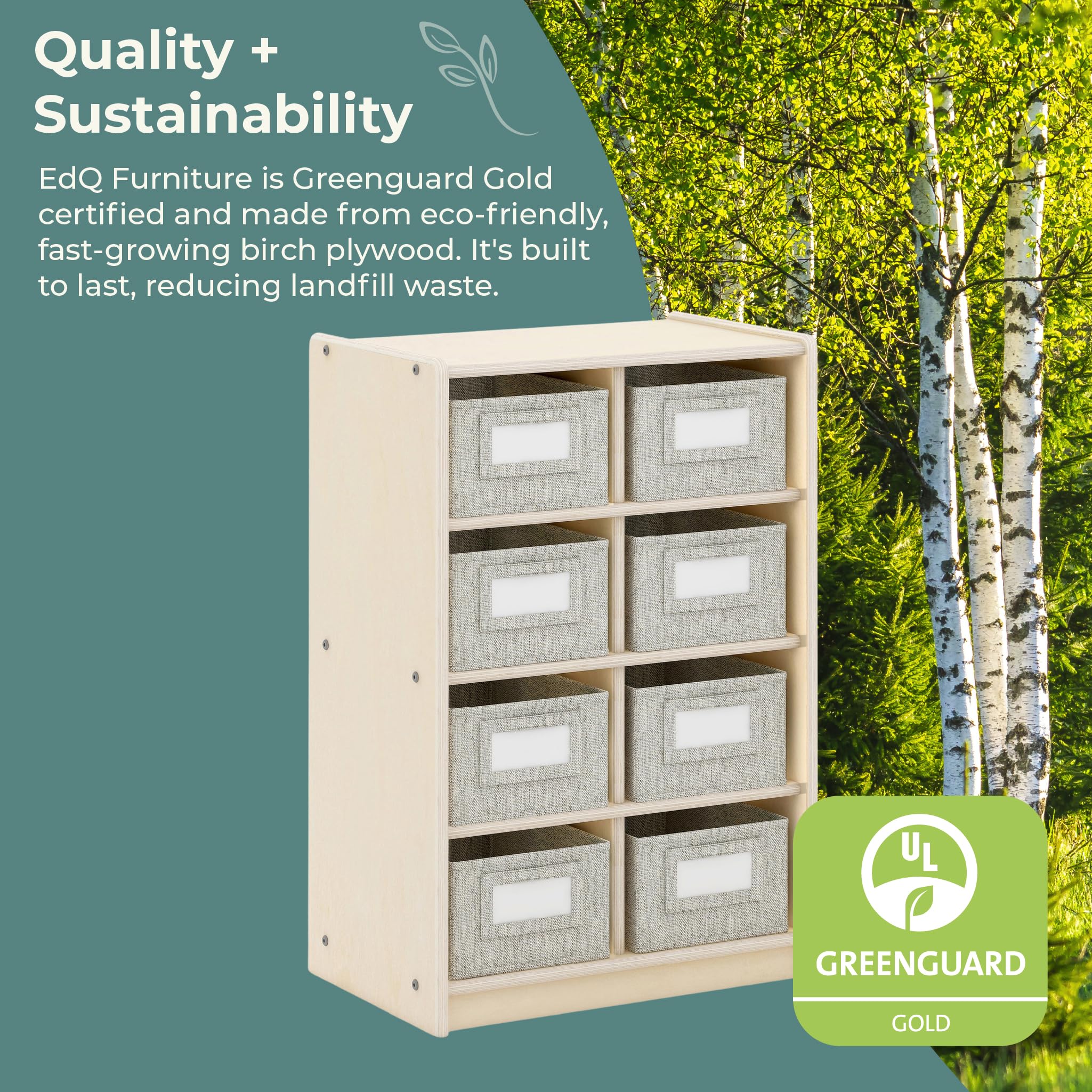 Guidecraft EdQ Cubby Bin Storage Organizer - Natural Wood Bookshelf with 8 Fabric Bins | Toy & Book Organizer for Kids, Teachers & Homeschooling | Classroom & Home Organization Furniture for Playrooms, Daycares & Montessori Schools