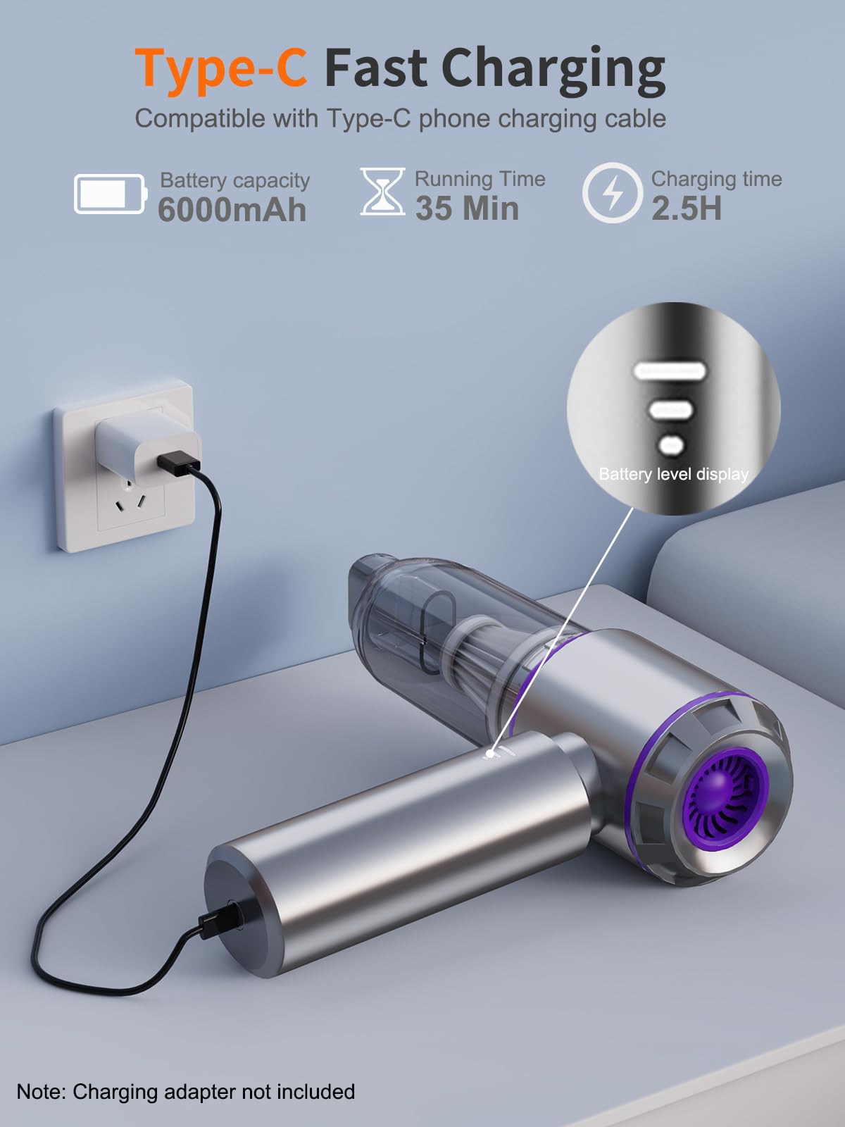 80,000RPM Super Power Cordless Mini Car Vacuum Cleaner - 4-in-1 Handheld Air Duster, Blower Gun, Pump & Dust Blower (Purple) | Perfect for Car Detailing, Keyboard Cleaning & Home Dusting