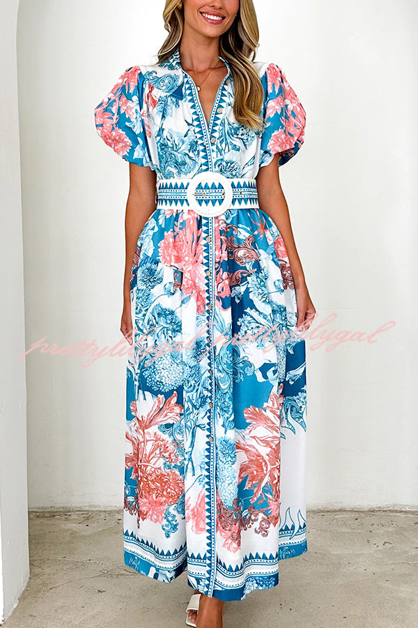 Stylish Floral Print Puff Sleeve Button-Down Belted Maxi Dress for Women | Summer Beach Wedding Party Outfit | Perfect for Vacations, Date Nights & Special Occasions