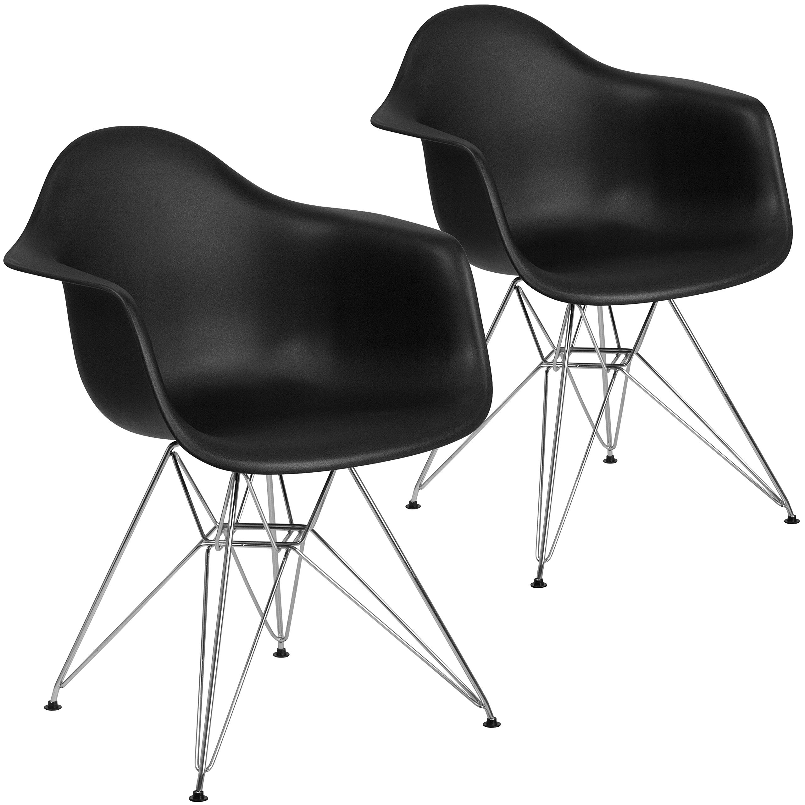 2 Pack Black Plastic Arm Chairs with Chrome Base - Modern Accent & Side Chairs for Dining Room, Kitchen, Office or Outdoor Patio