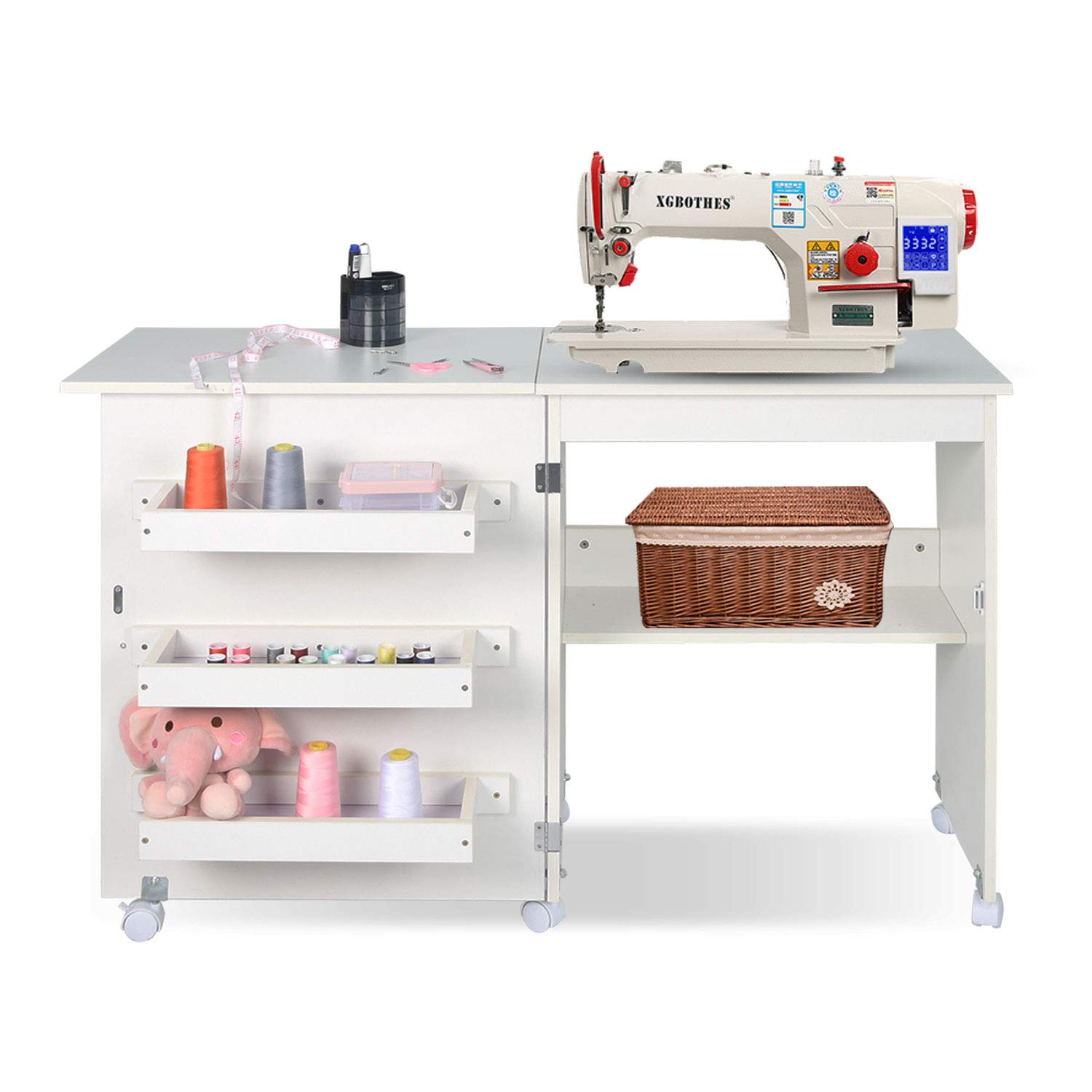 Usinso Folding Sewing Table with Storage Shelves - Multifunctional Rolling Sewing Machine Cart, Craft Cabinet & Portable Computer Desk with Lockable Casters (White) | Perfect for Home Sewing Projects, Quilting & Craft Rooms