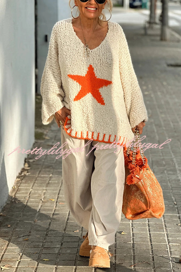 Cozy Winter Knit Sweater with Star Pattern & Contrast Colors - Loose Fit for Casual Outings, Holiday Gatherings & Cold Weather Fashion