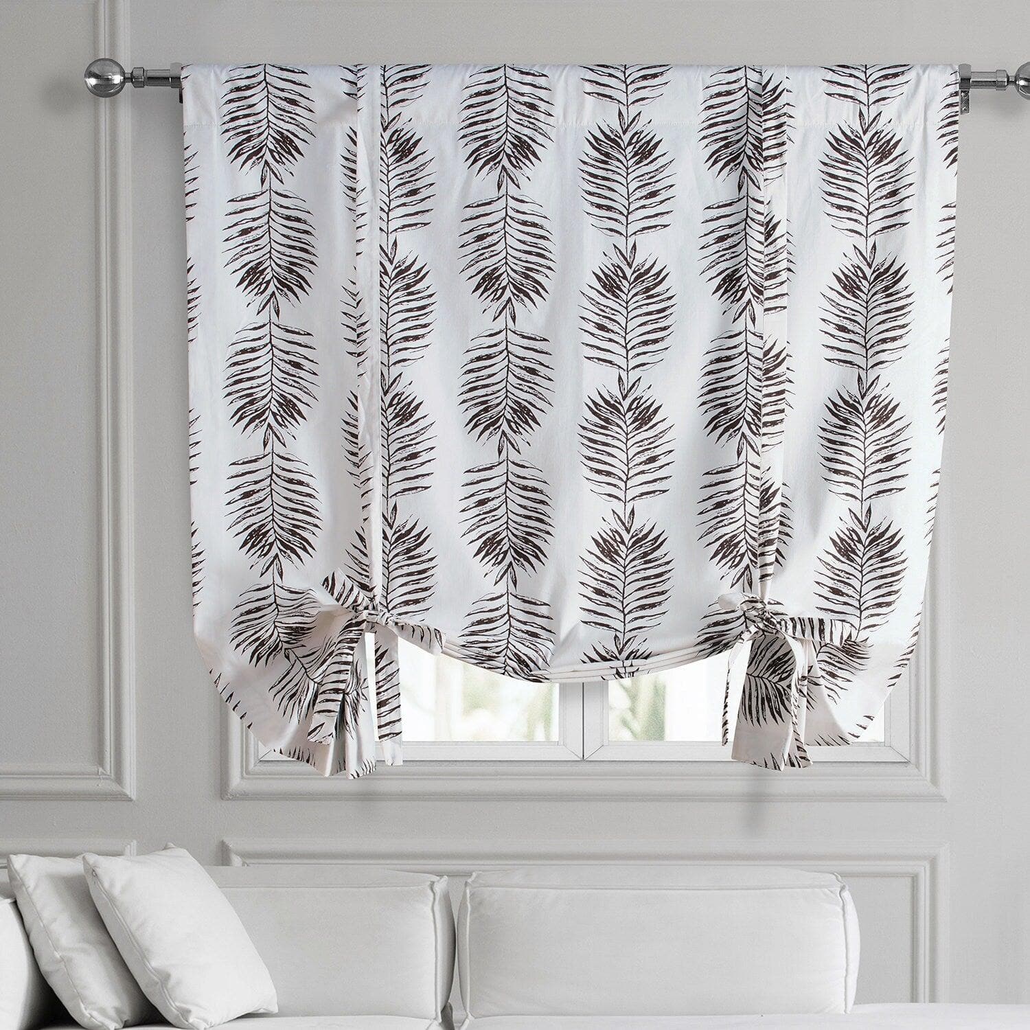 Brown Floral Printed Cotton Blackout Window Shade - Sago Nut Design, Room Darkening Tie-Up Curtain for Bedroom & Living Room