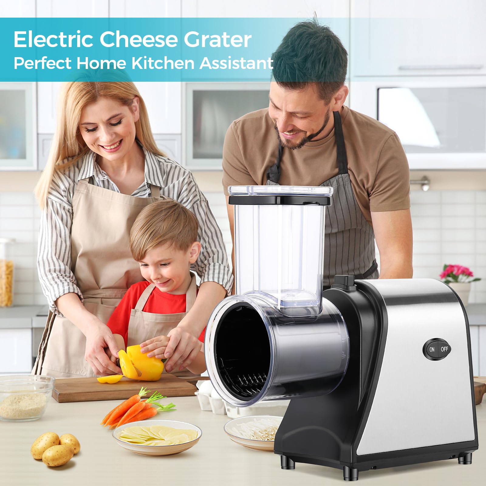 250W Electric Cheese Grater & Food Slicer - 5 Blades for Shredding, Slicing & Grating | One-Touch Control for Cheese, Fruits & Vegetables | Perfect for Home Kitchen, Meal Prep & Salad Making