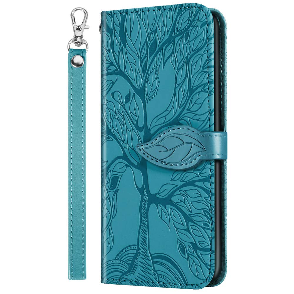 Premium PU Leather iPhone 12 Mini Wallet Case with Card Holder, Kickstand & Wrist Strap - Magnetic Closure Shockproof Flip Cover for iPhone 12 Mini (5.4 Inch) - Life Tree Blue RX - Perfect for Daily Use, Travel & Hands-Free Viewing