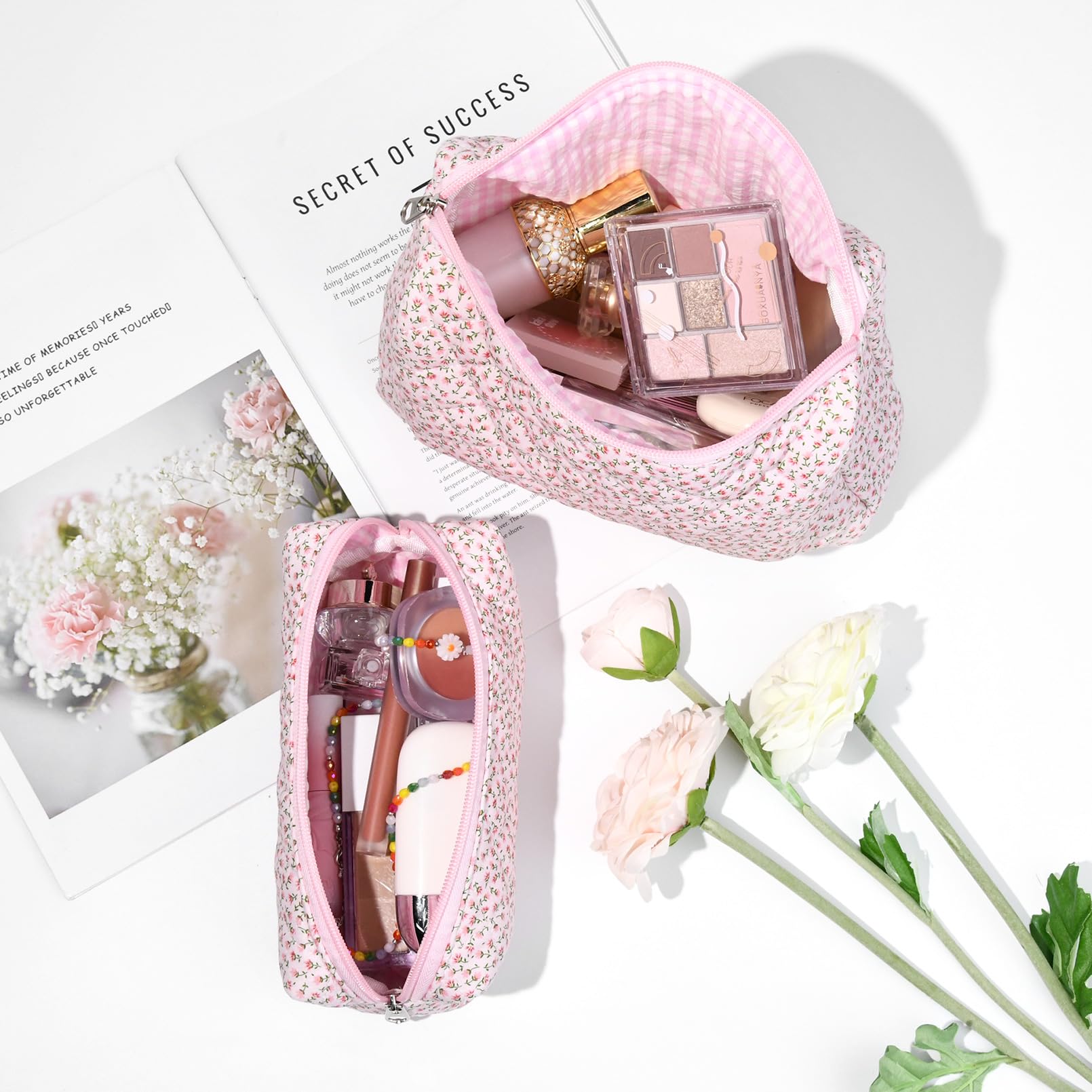 SOIDRAM 2 Pack Floral Quilted Makeup Bag - Large Cotton Cosmetic Pouch for Women & Girls, Aesthetic Cute Toiletry Travel Organizer | Perfect for Glossier Storage, Vacation Essentials & Gift Giving