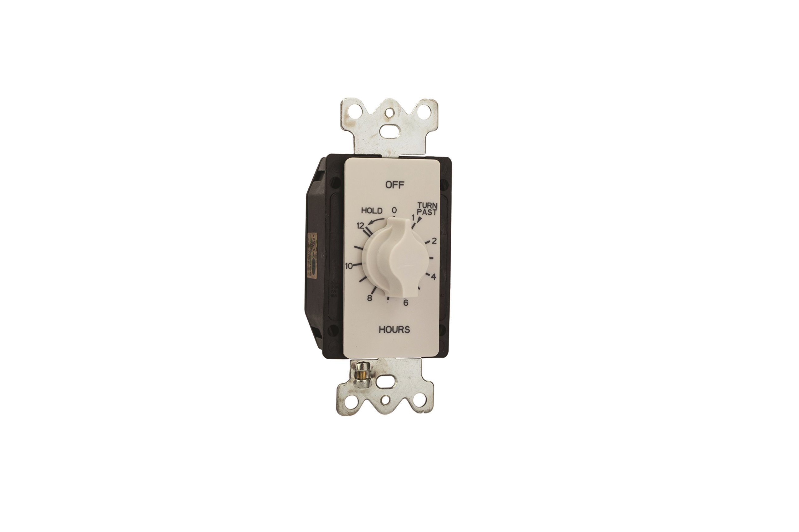 12-Hour Springwound In-Wall Timer Switch with Auto Off & Hold Function - White | Perfect for Bathroom Fans, Grow Lights & Home Automation Systems