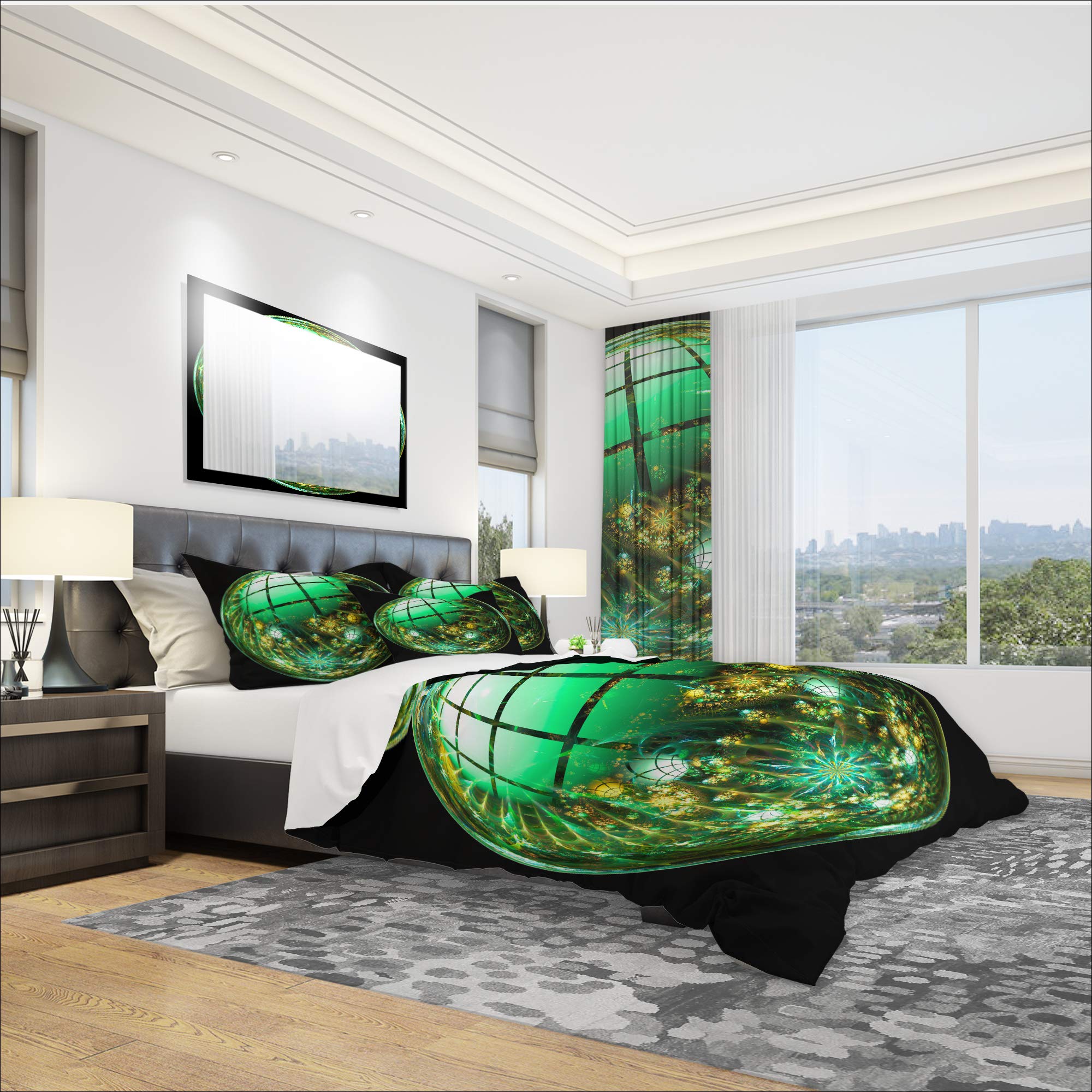 Bright Green Fractal Duvet Cover Set King - Modern Abstract Bedding for All Seasons