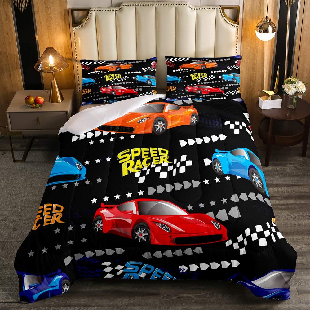 Speed Racer Full Size Comforter Set - Kids Racing Car Bedding with 1 Down Comforter & 2 Pillowcases - Colorful Vehicle Themed Quilt for Boys' Room - Perfect for Race Car Themed Bedrooms, Birthday Gifts & Motorsport Decor
