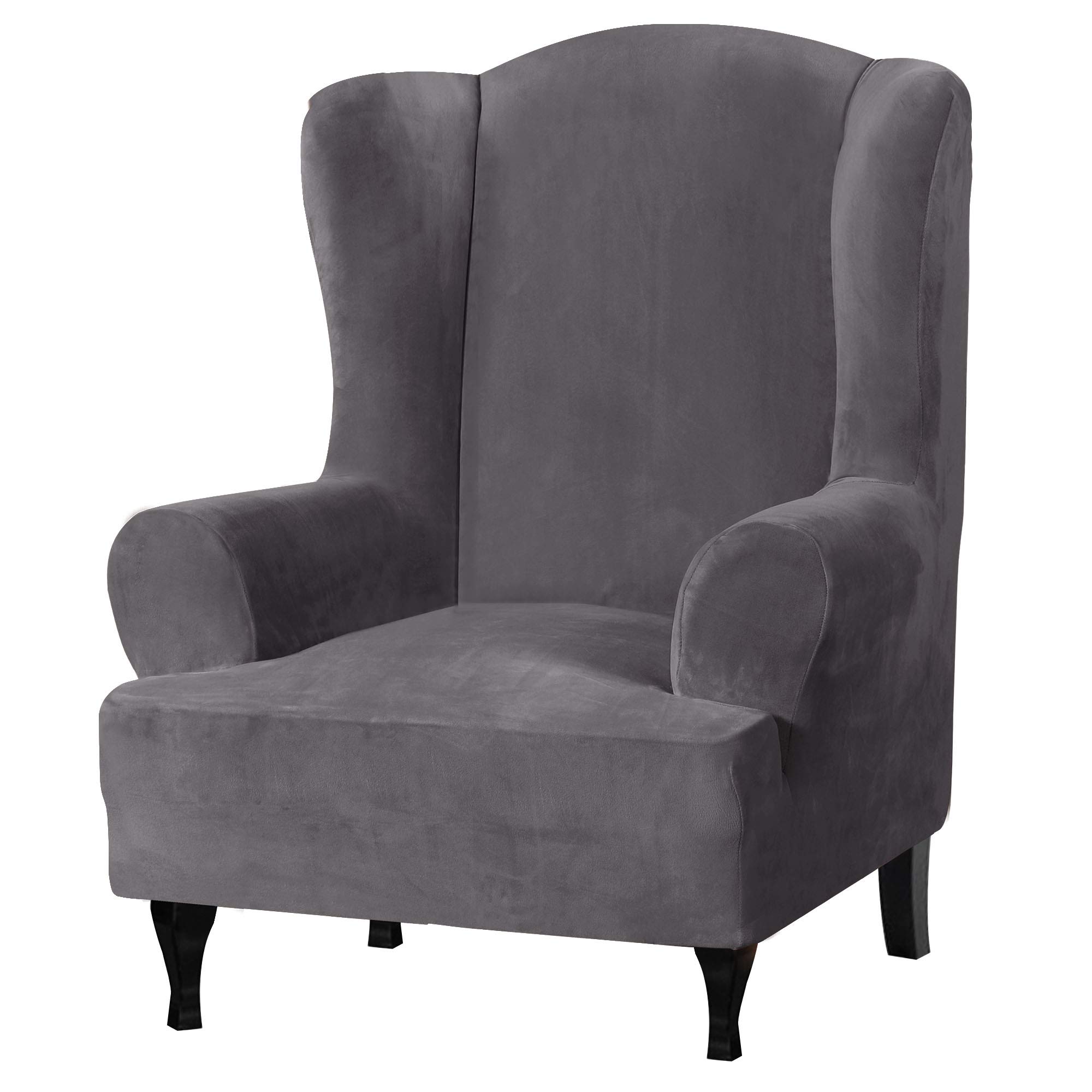 Velvet Plush Stretch Wingback Chair Slipcover - Soft Thick Machine Washable Furniture Cover for Living Room, Bedroom, Office - Grey - Perfect for Home Decor & Comfortable Seating