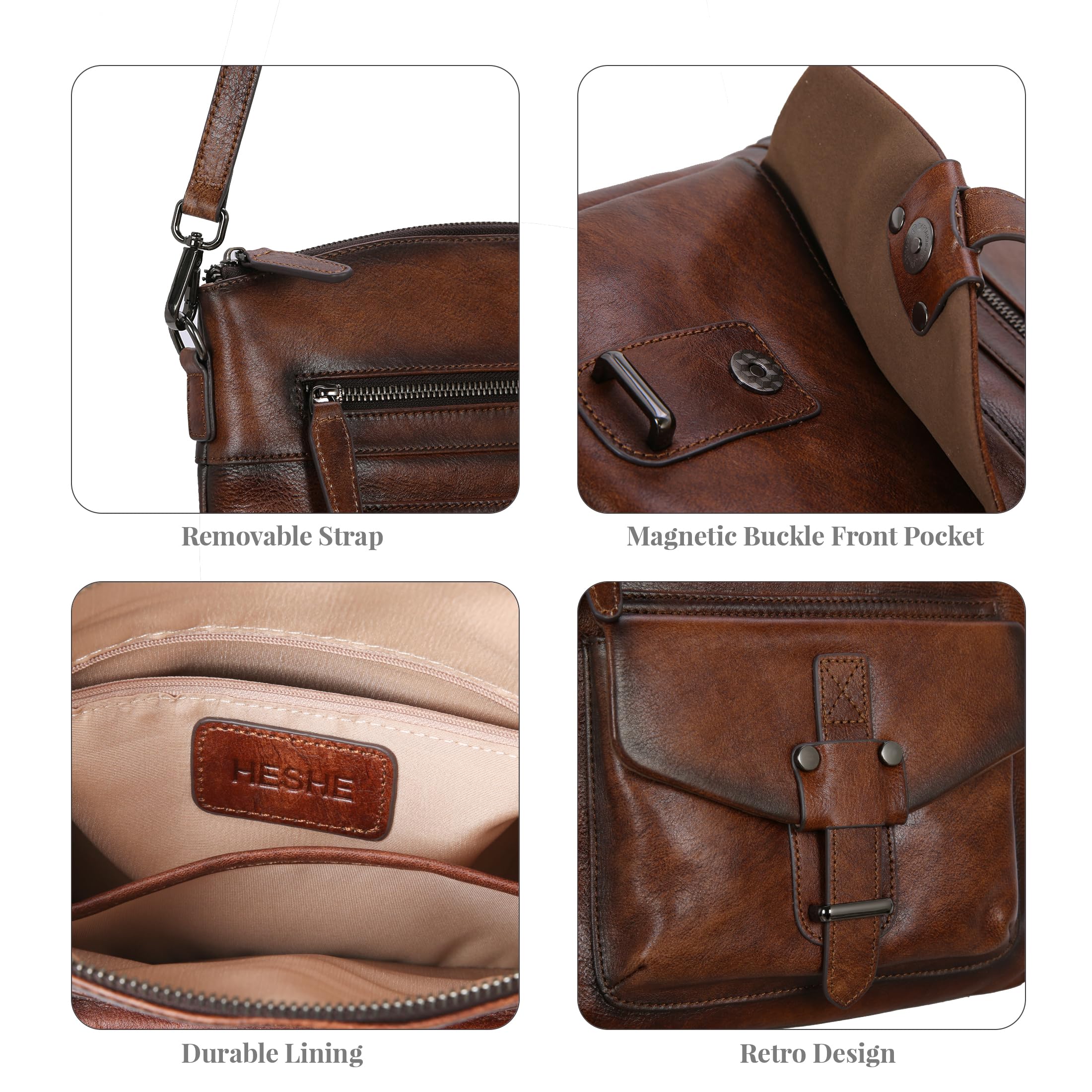 HESHE Genuine Leather Crossbody Bag for Women - Stylish Shoulder Purse & Handbag with Multiple Pockets | Perfect for Work, Travel & Everyday Use