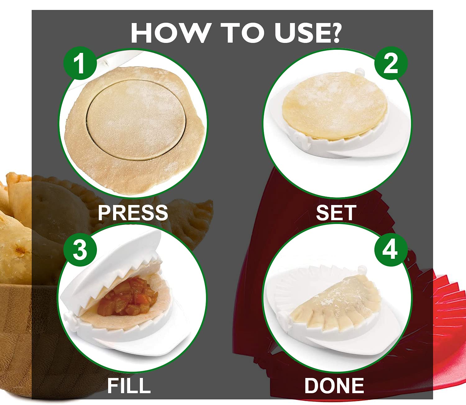 3-Piece Dough Press Set - Empanada Press, Dumpling Maker & Dough Cutter for Homemade Dumplings, Calzones, Ravioli, Empanadas | Perfect for Baking, Cooking & Family Meal Prep