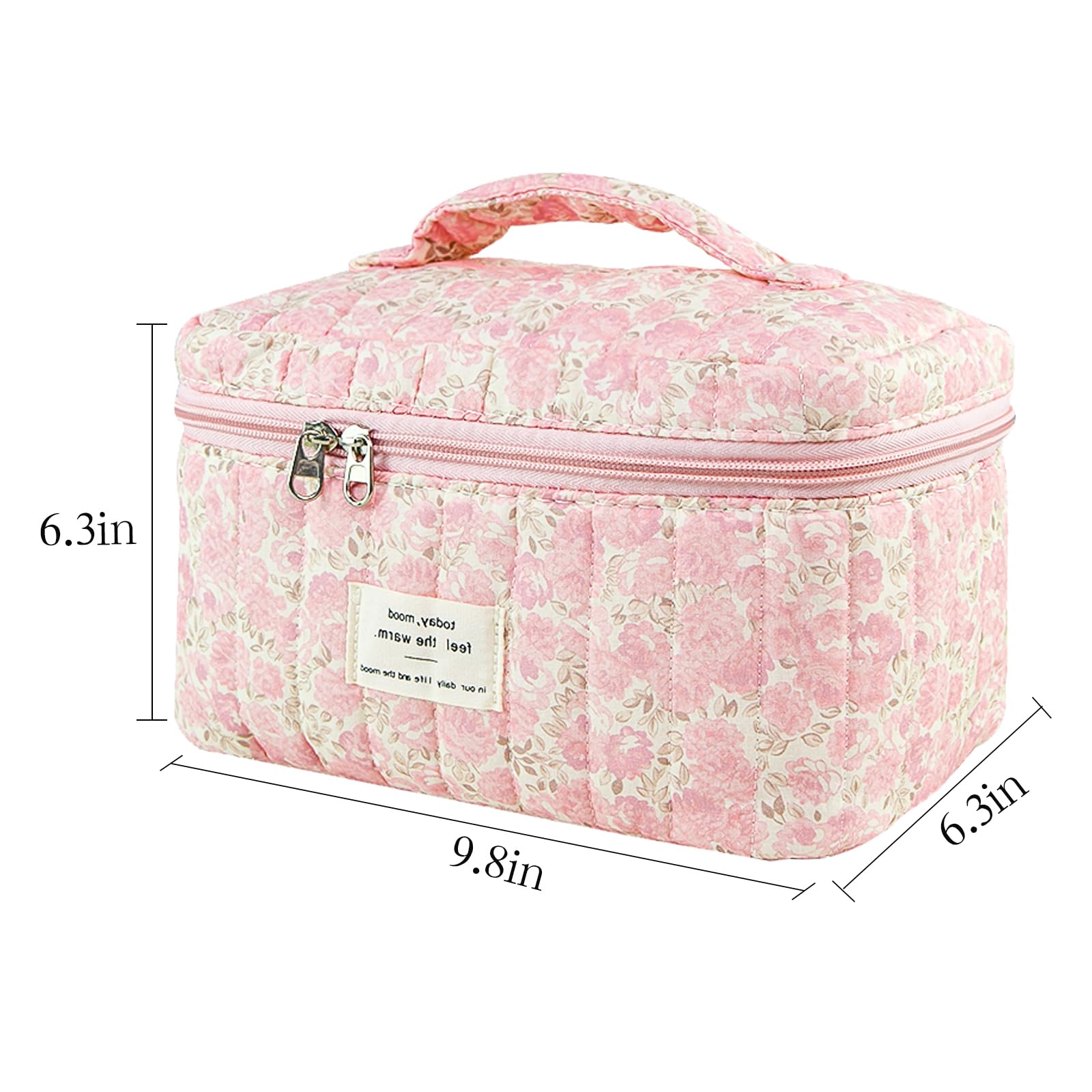 Floral Quilted Makeup Bag for Women - Large Travel Cosmetic Organizer with Aesthetic Design, Cute Toiletry Pouch for Girls | Perfect for Vacation, Gym & Daily Essentials Storage