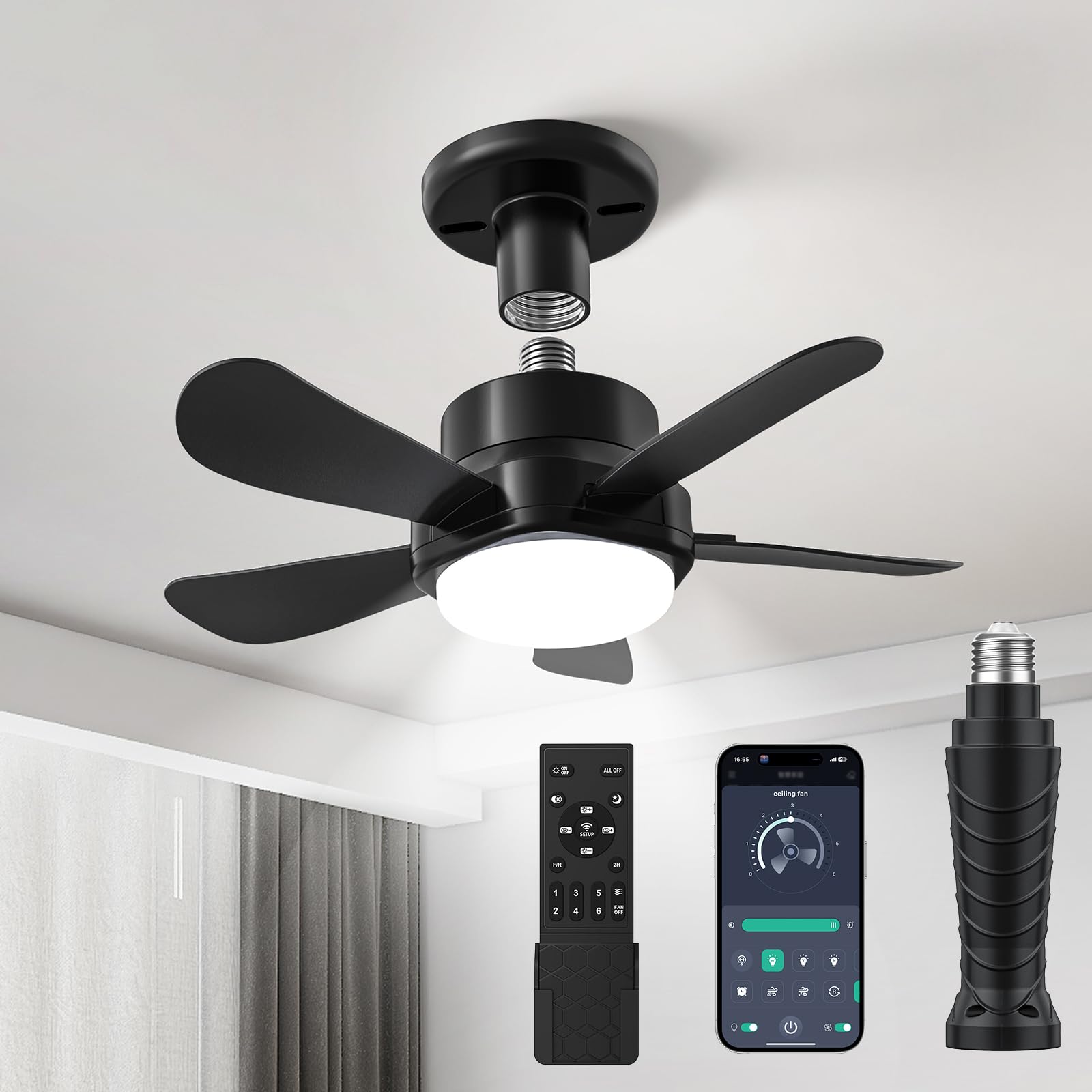 16 Inch Smart Ceiling Fan Light with Remote & App Control - E26/E27 Base, 6 Speeds, 3 Color Dimmable LED - Perfect for Bedroom, Living Room, Kitchen, Garage & Office
