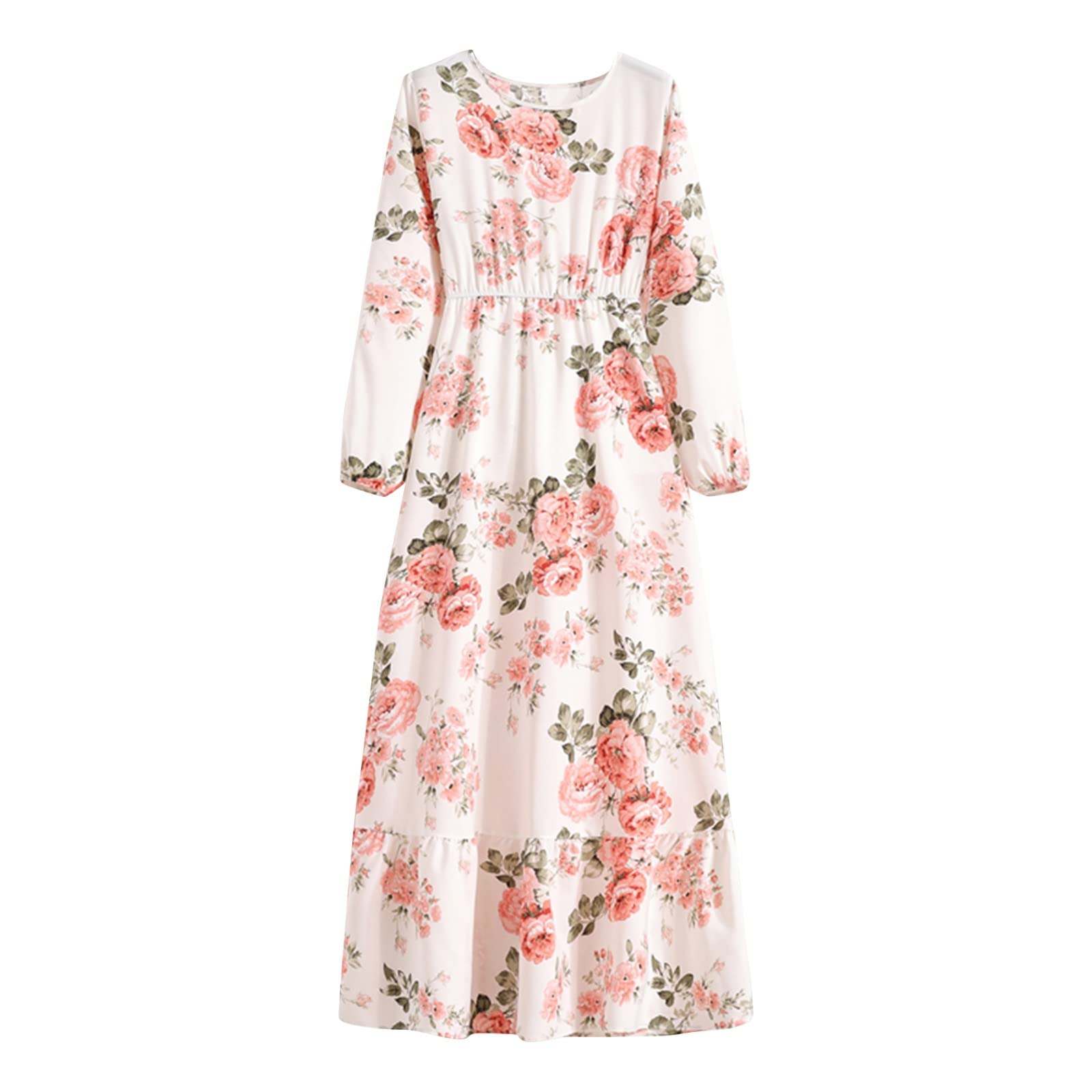 Elegant Floral Print Long Sleeve Chiffon Maxi Dress for Women - Stretchy Waist, Flowy Flared Design - Perfect for Weddings, Parties & Special Occasions