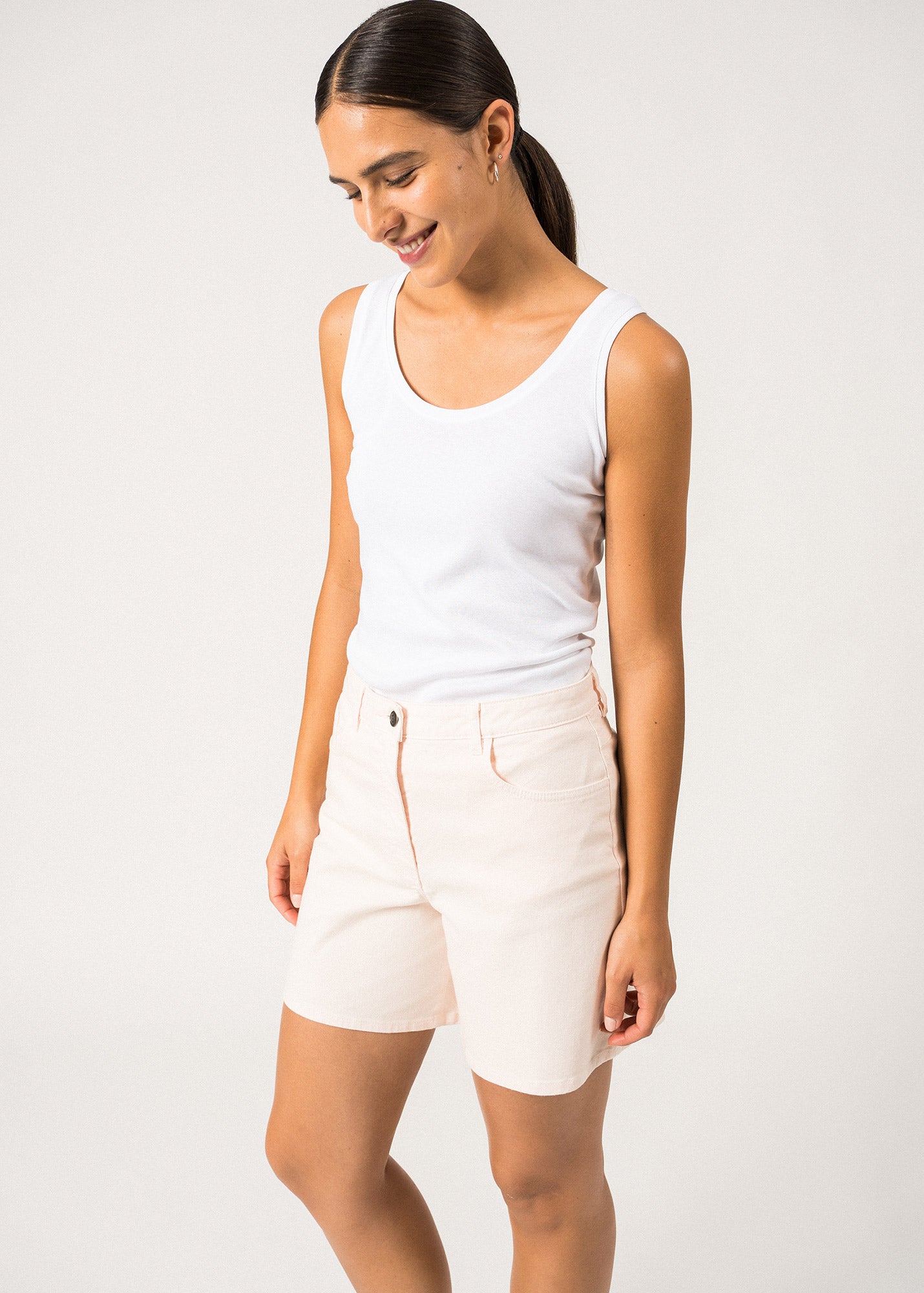 PEARL High Waist Twill Cotton Shorts for Women - Straight Cut Casual Summer Shorts | Pale Pink | Perfect for Beach, Vacation, and Everyday Wear