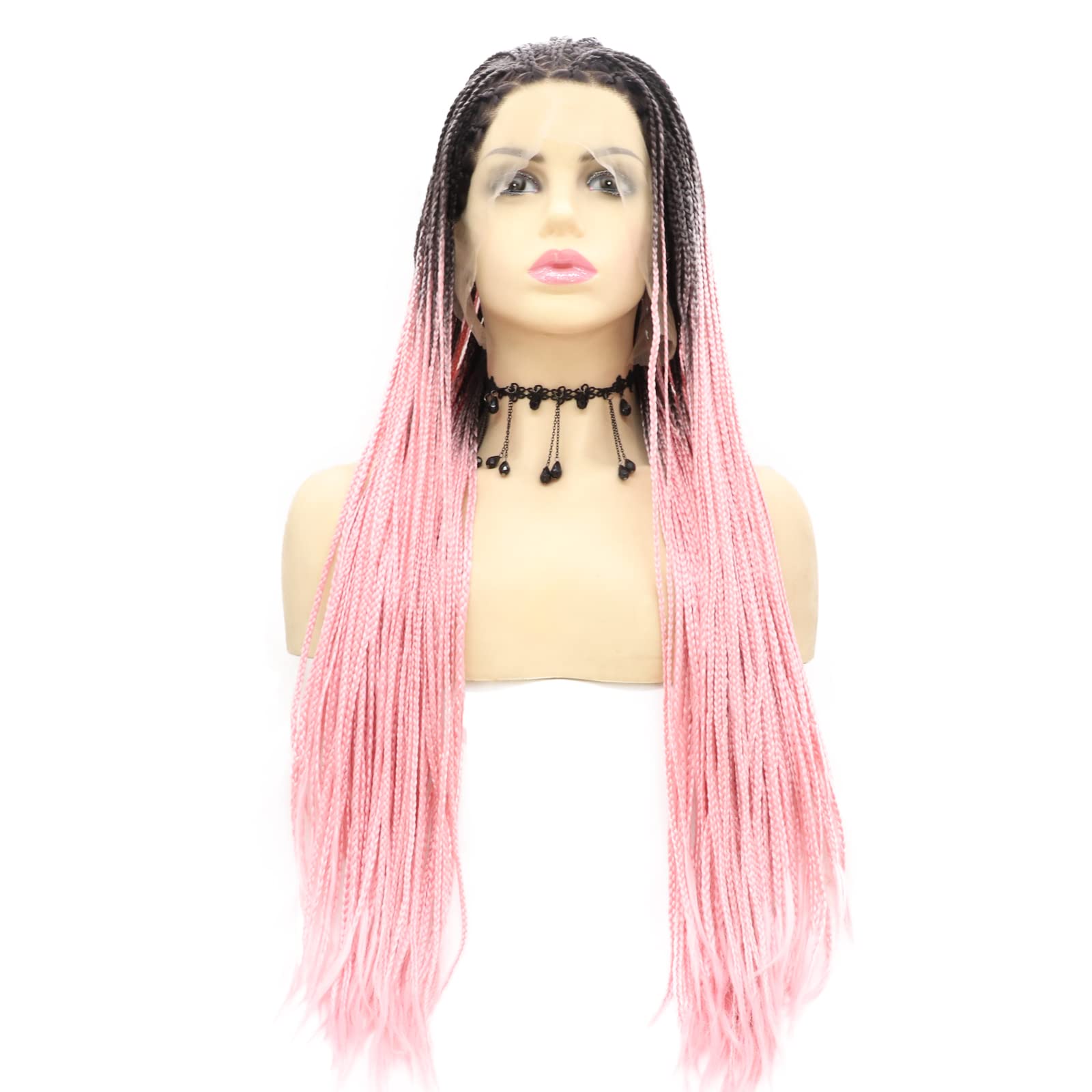 26 Inch Pink Braid Lace Front Wig - Heat Resistant Synthetic Hair with Realistic Long Black to Peach Pink Ombre - Perfect for Black Women, Drag Queen Cosplay, Parties & Everyday Wear