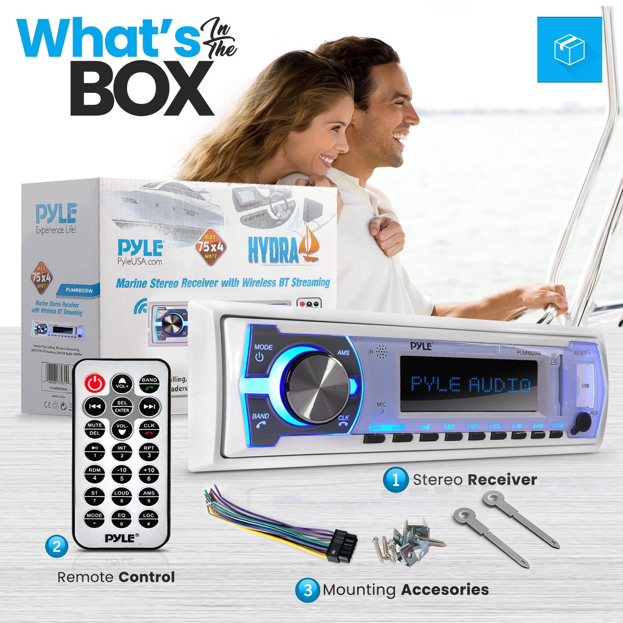 Pyle 8 Inch White Dual Marine Speakers & Bluetooth Stereo Radio - 12V Single DIN Boat Dash Receiver System with Built-in Mic for Boats, Yachts, and Marine Vehicles - Perfect for Outdoor Water Sports and Entertainment